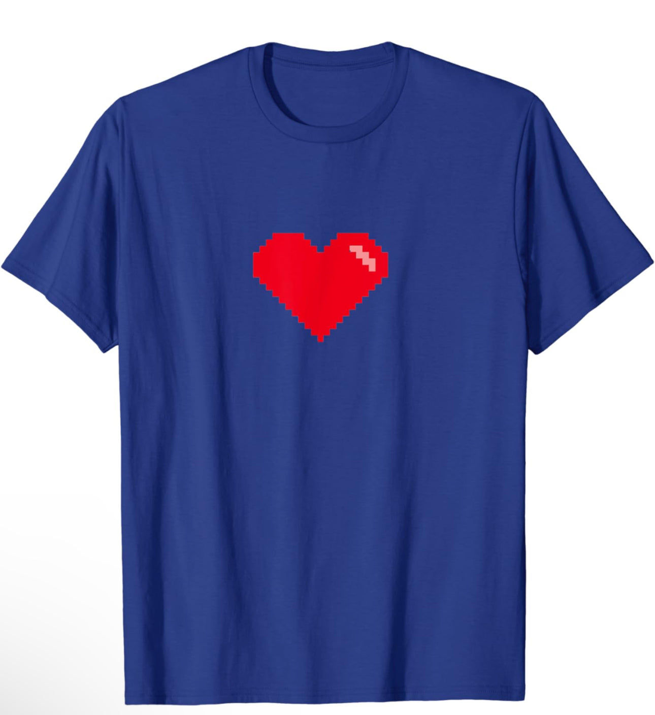 Royal blue t-shirt featuring pixelated red heart inspired by retro 8-bit video games – nostalgic unisex gaming tee