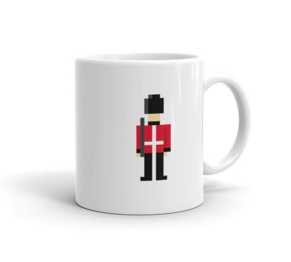 British Royal Guard Pixel art Uniformed Soldier Mug. Main colour white with red and black soldier. Attention!
