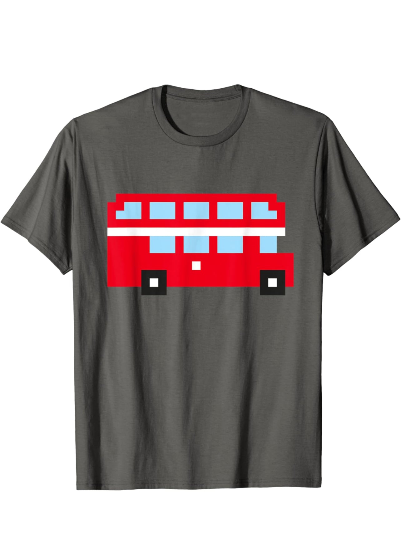 Pixel art design of a red London double-decker bus on a black background, British souvenir graphic for tourists, UK travel fans and London lovers