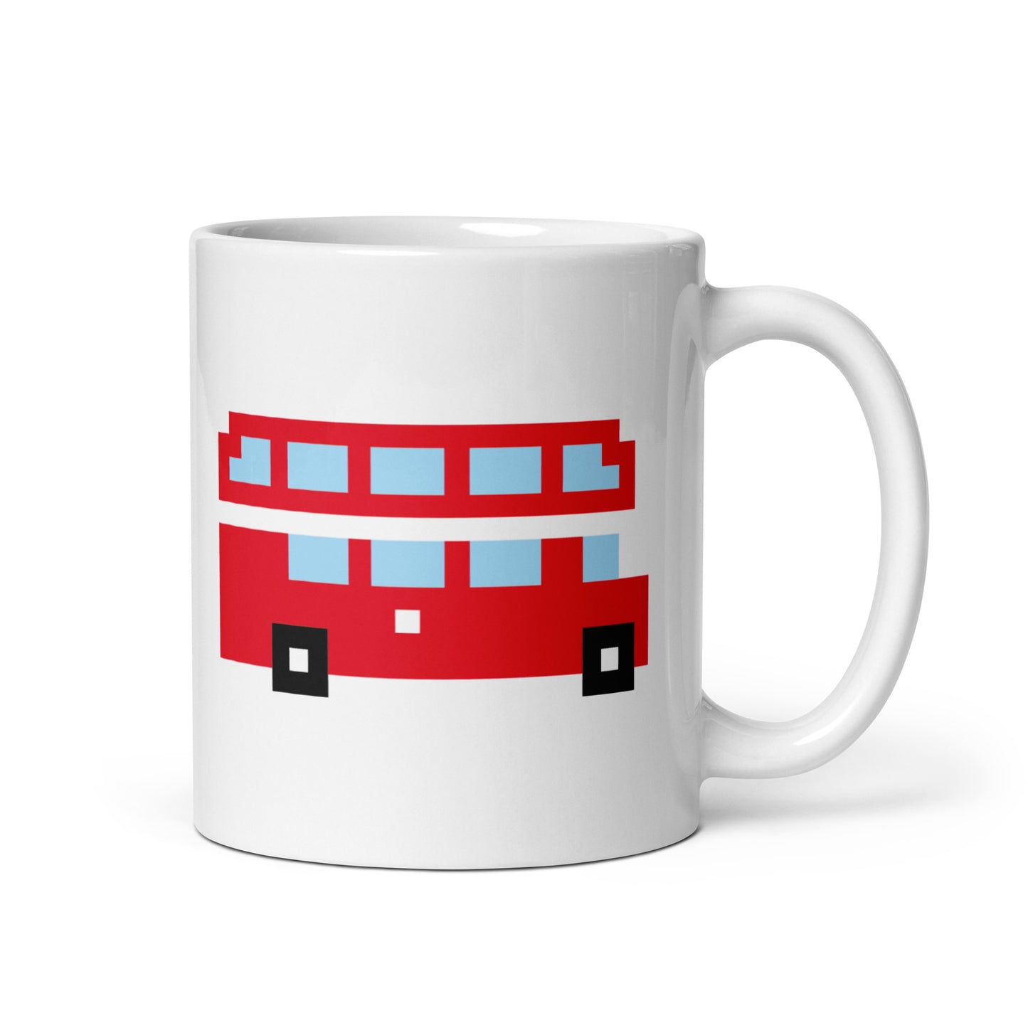 White mug with retro pixelated Red Route Master London Double Decker Bus