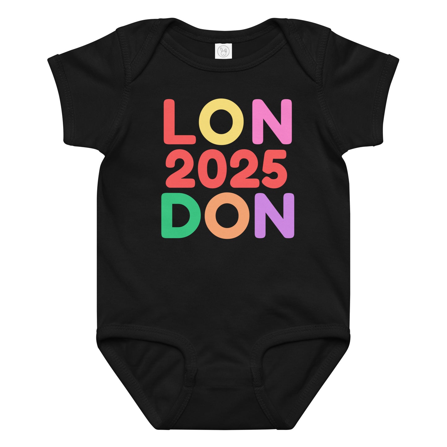 London 2025 colourful letters babygrow in soft black cotton with rainbow LON DON 2025 pixel art design; adorable London-inspired gift