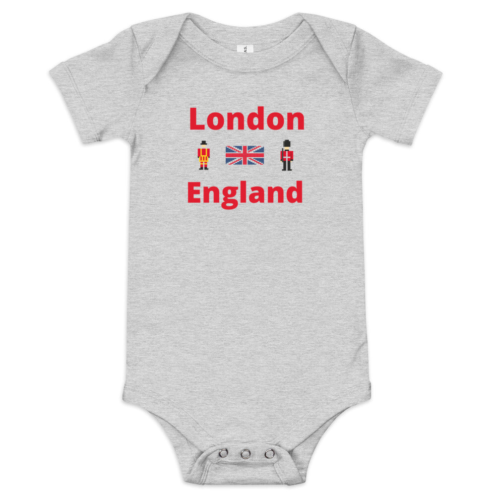 London England With Royal Guard, Union Jack flag and Beefeater - Baby short sleeve one piece Athletic Heather Babygrow