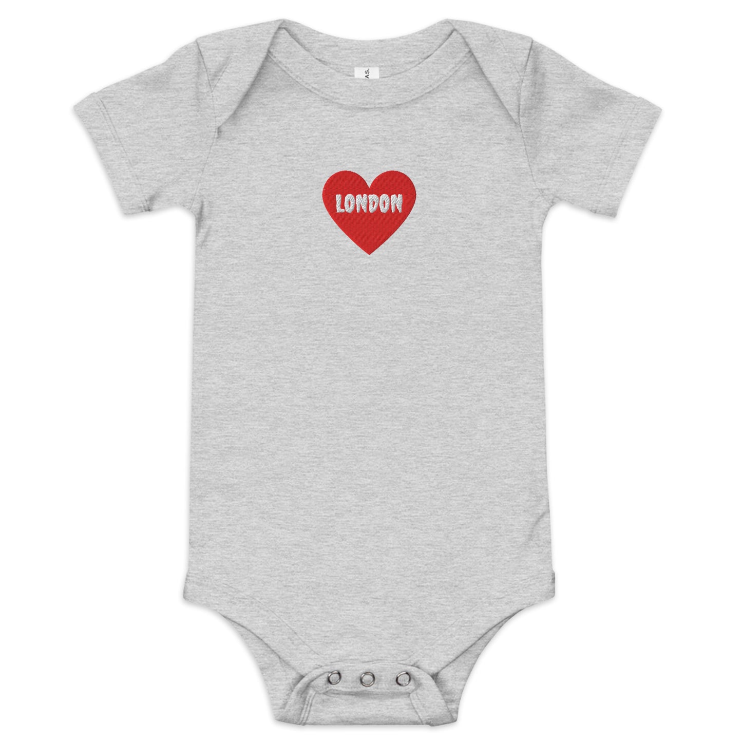 Embroidered I Heart London baby onesie, soft cotton souvenir bodysuit.