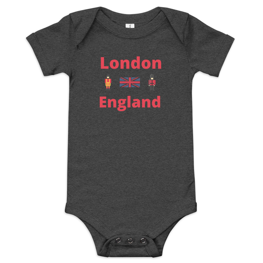London England With Royal Guard, Union Jack flag and Beefeater - Baby short sleeve one piece Dark Grey Heather Babygrow