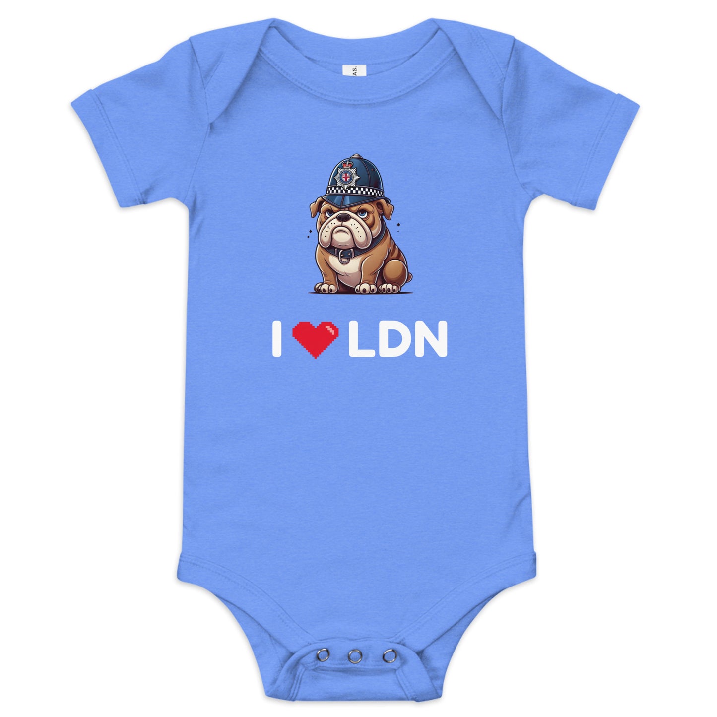 I Heart LDN - British Bulldog - Baby short sleeve one piece Heather Columbia Blue Babygrow