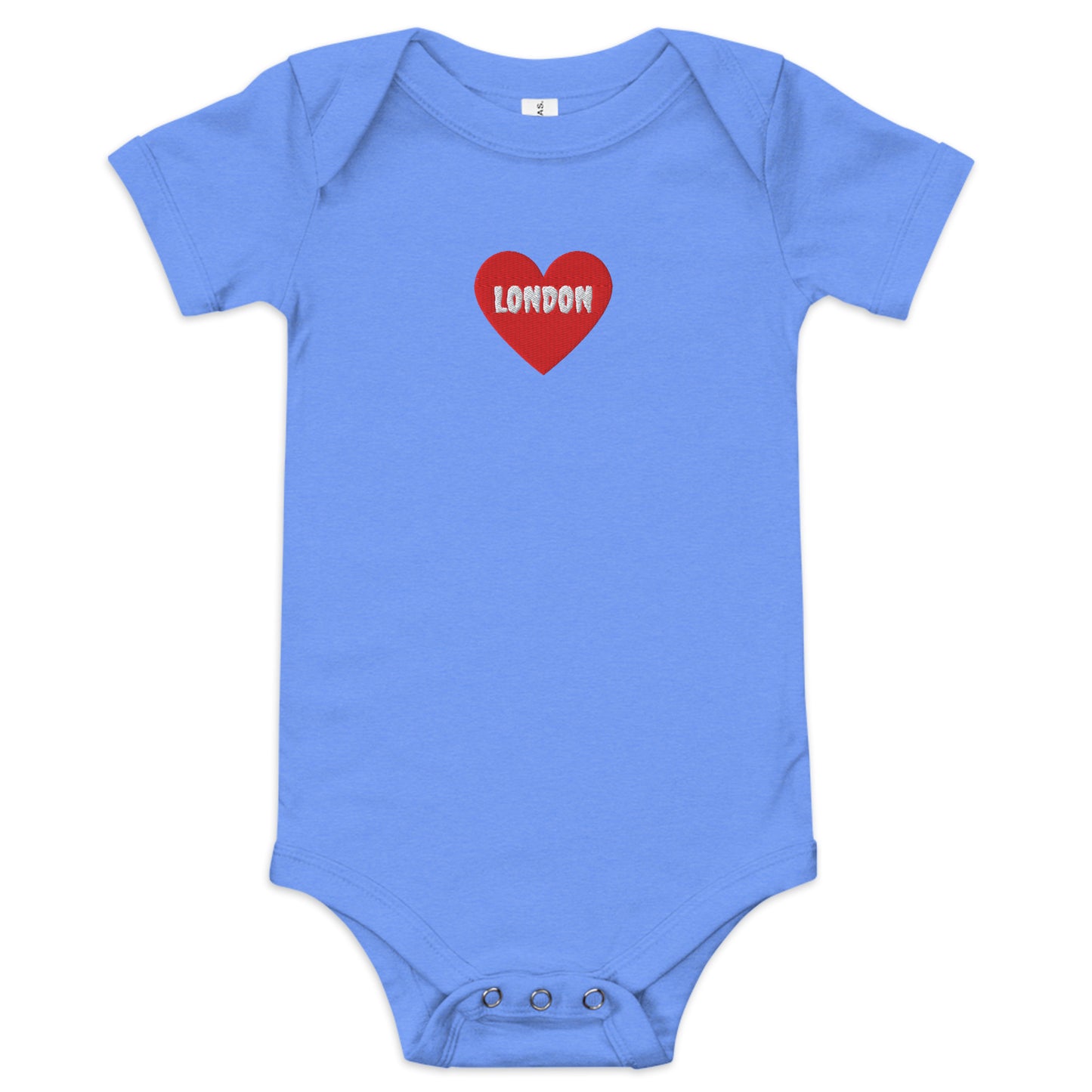 Embroidered I Heart London baby onesie, soft cotton souvenir bodysuit.