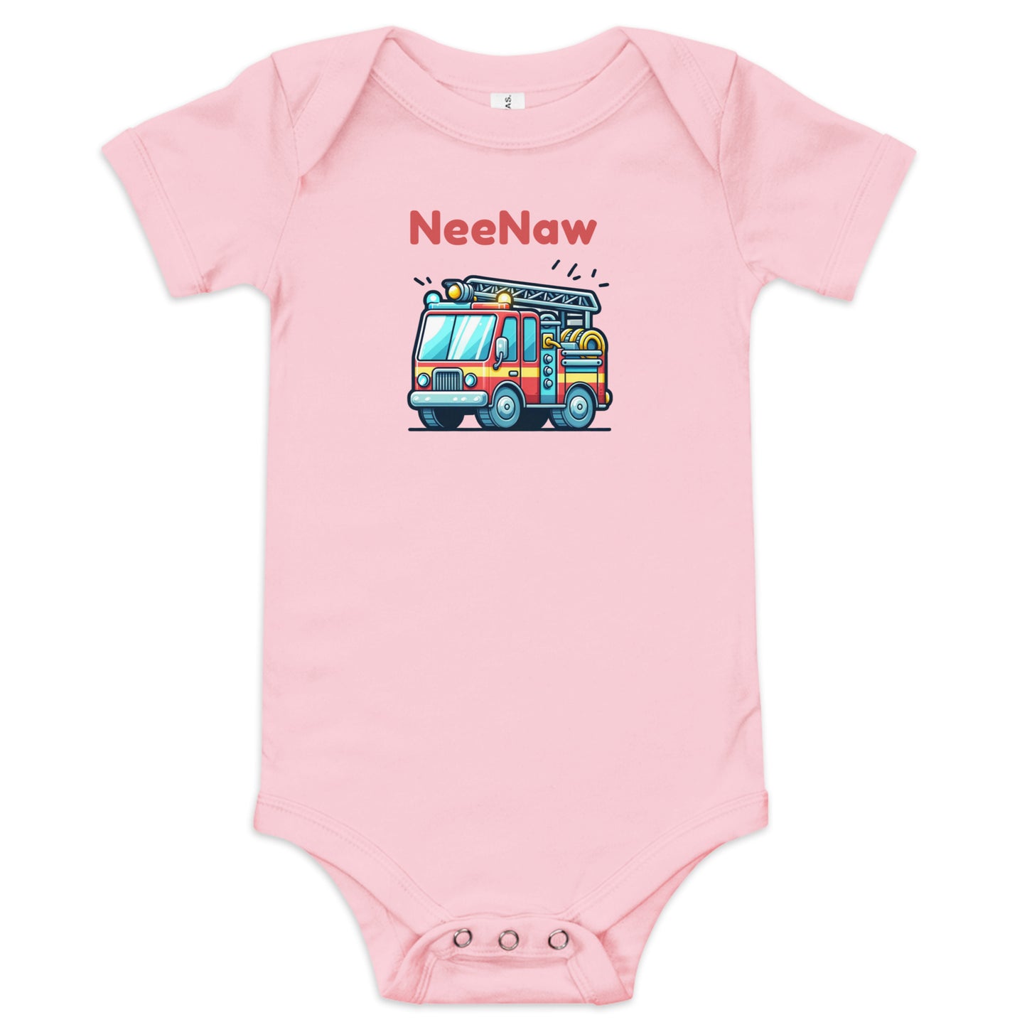 Cute Babygrow with a cartoon fire truck and ‘Nee Naw’ text above the truck