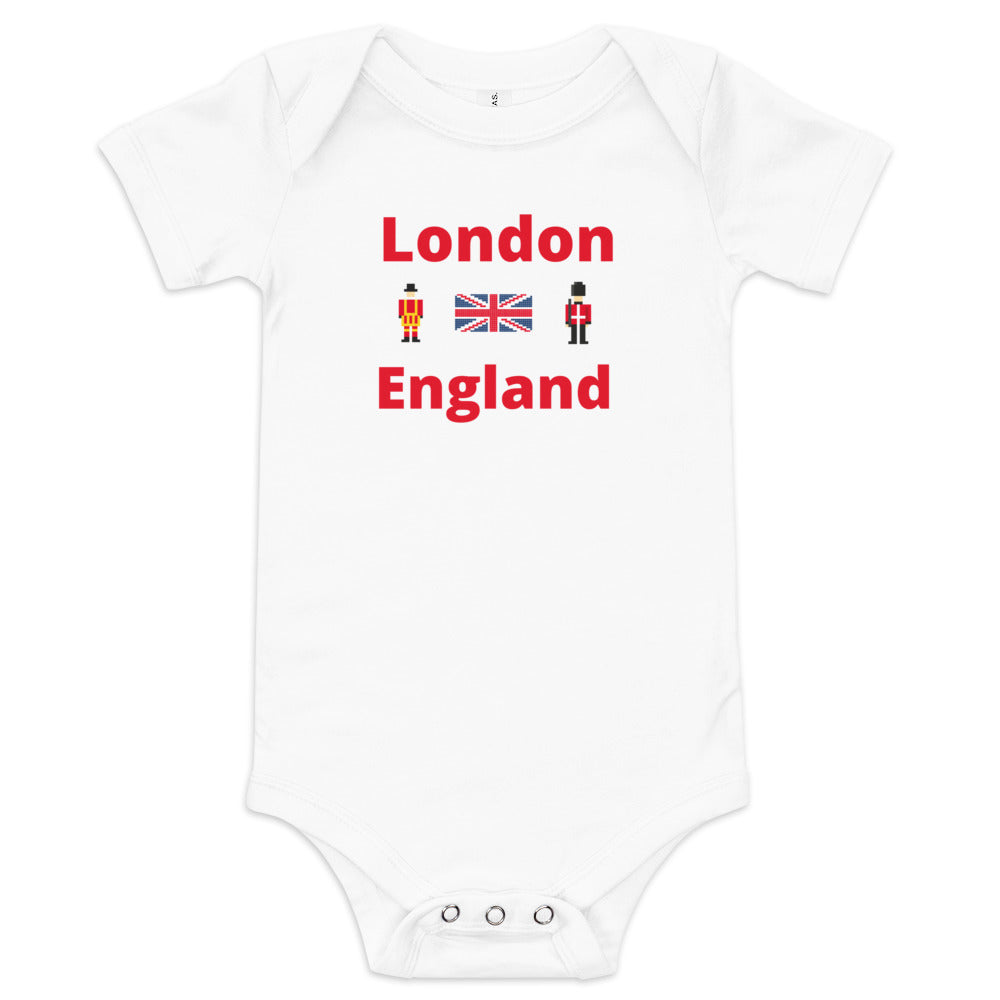 London England With Royal Guard, Union Jack flag and Beefeater - Baby short sleeve one piece White Babygrow