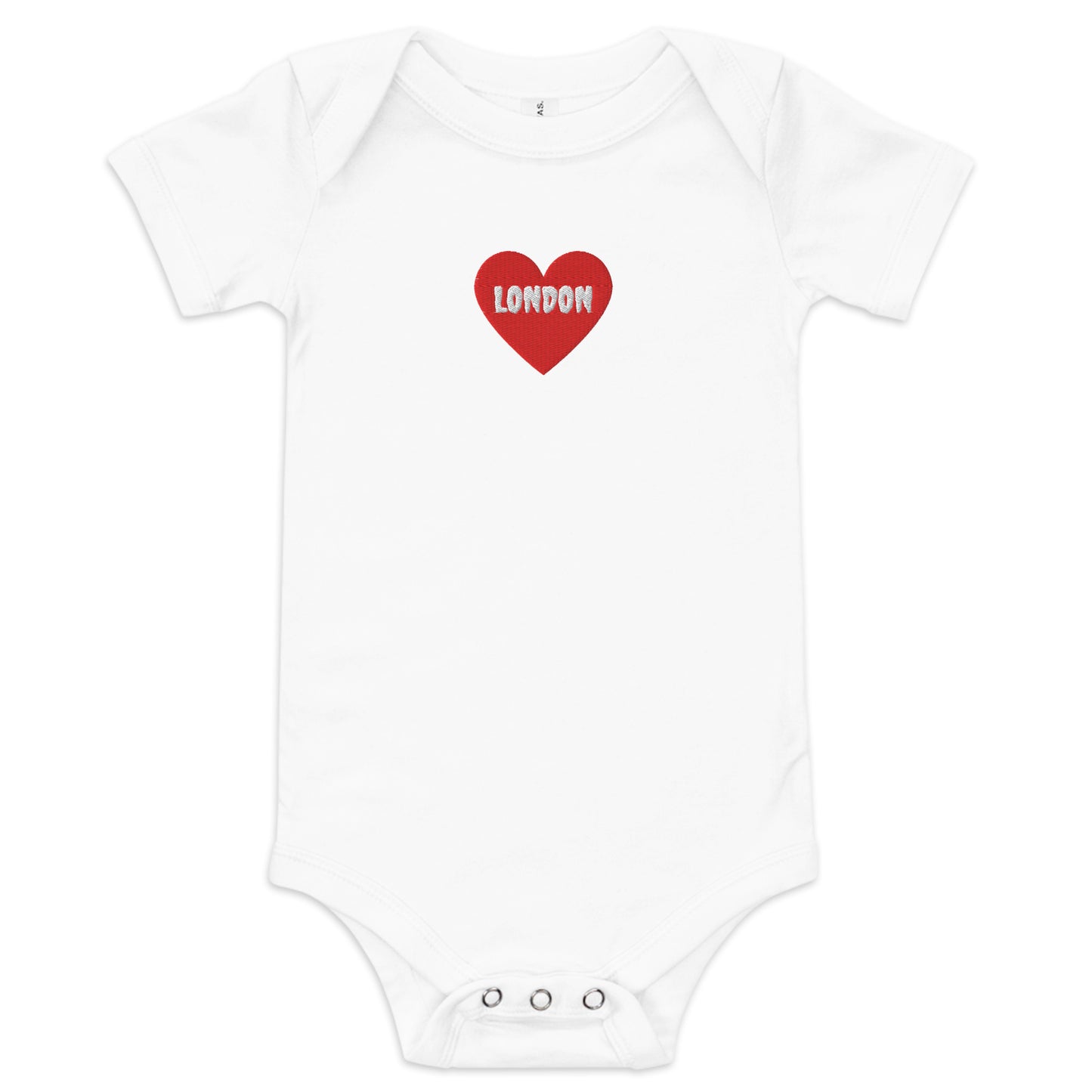 Embroidered I Heart London baby onesie, soft cotton souvenir bodysuit.