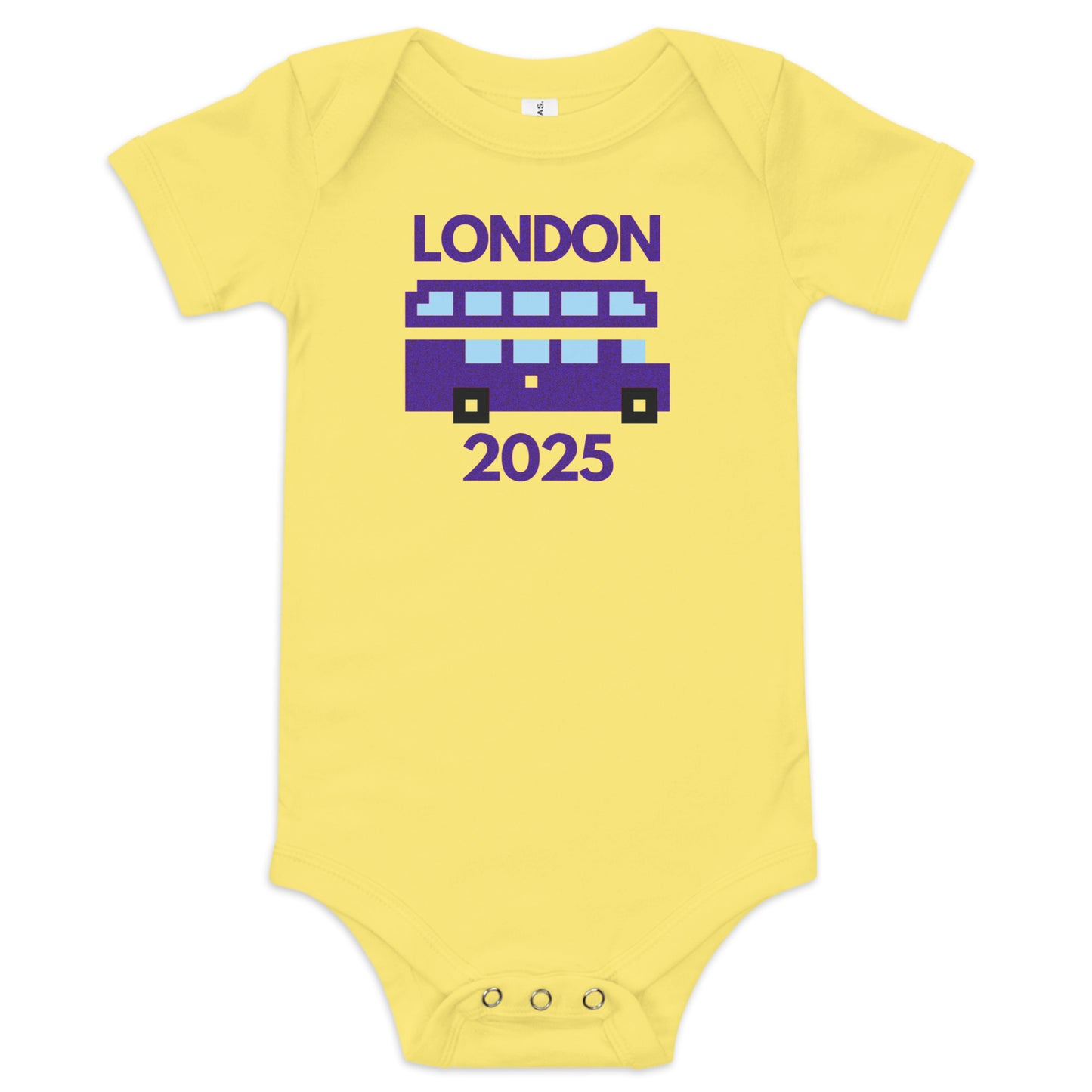 Purple Glitter London Bus Baby Onesie – Retro Double Decker UK Souvenir Bodysuit Yellow Babygrow