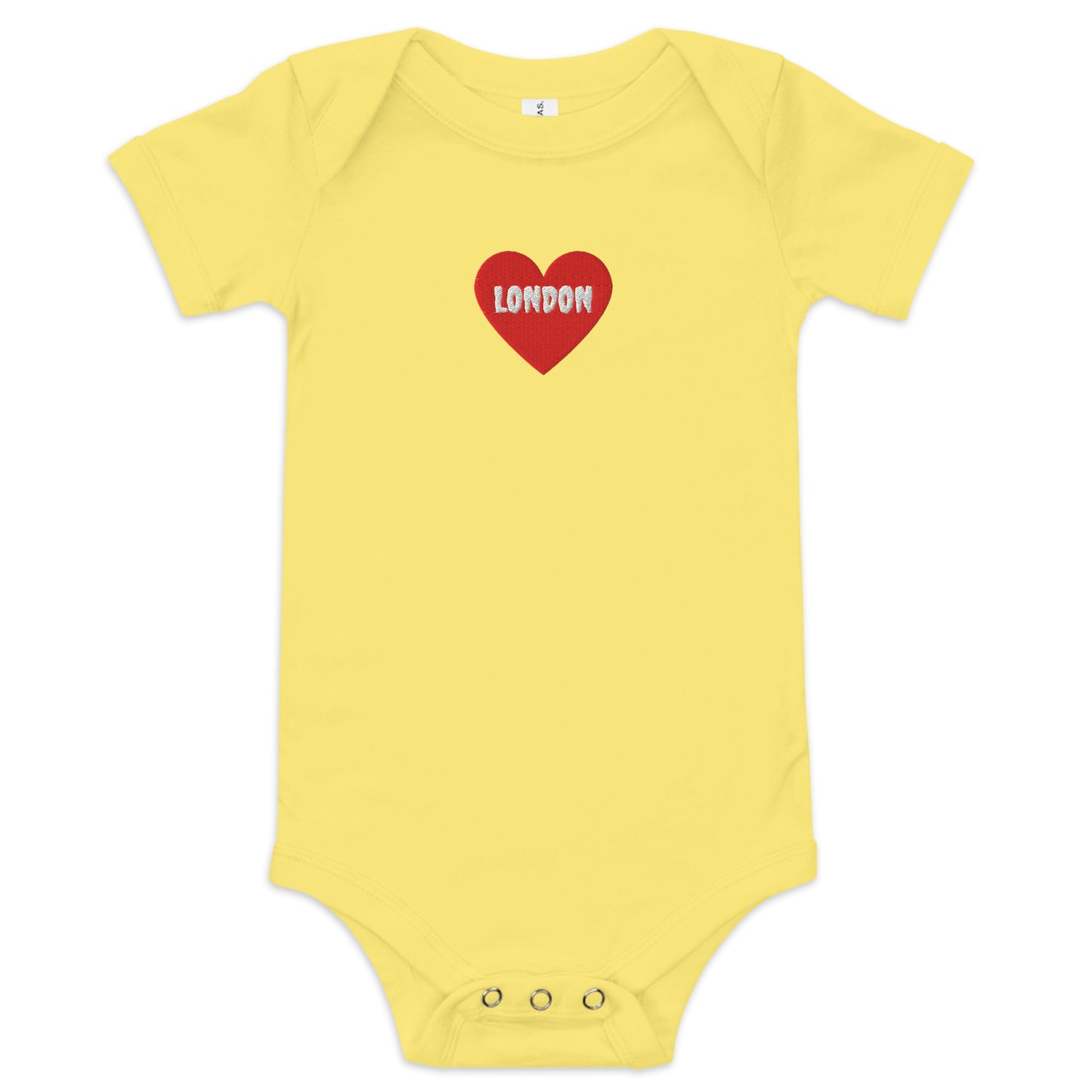Embroidered I Heart London baby onesie, soft cotton souvenir bodysuit.