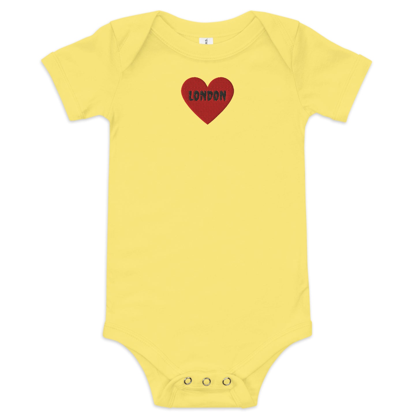 Embroidered I Heart London baby onesie, soft cotton souvenir bodysuit.