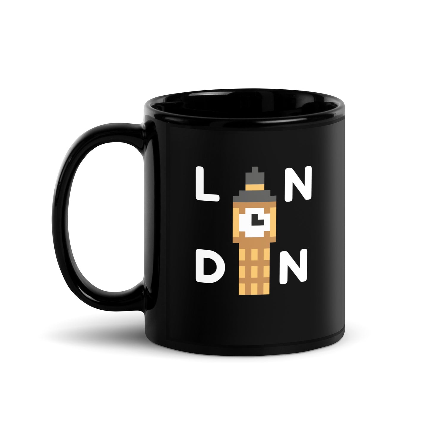 LDN Westminster Big Ben mug – black glossy coffee cup with pixel art London design