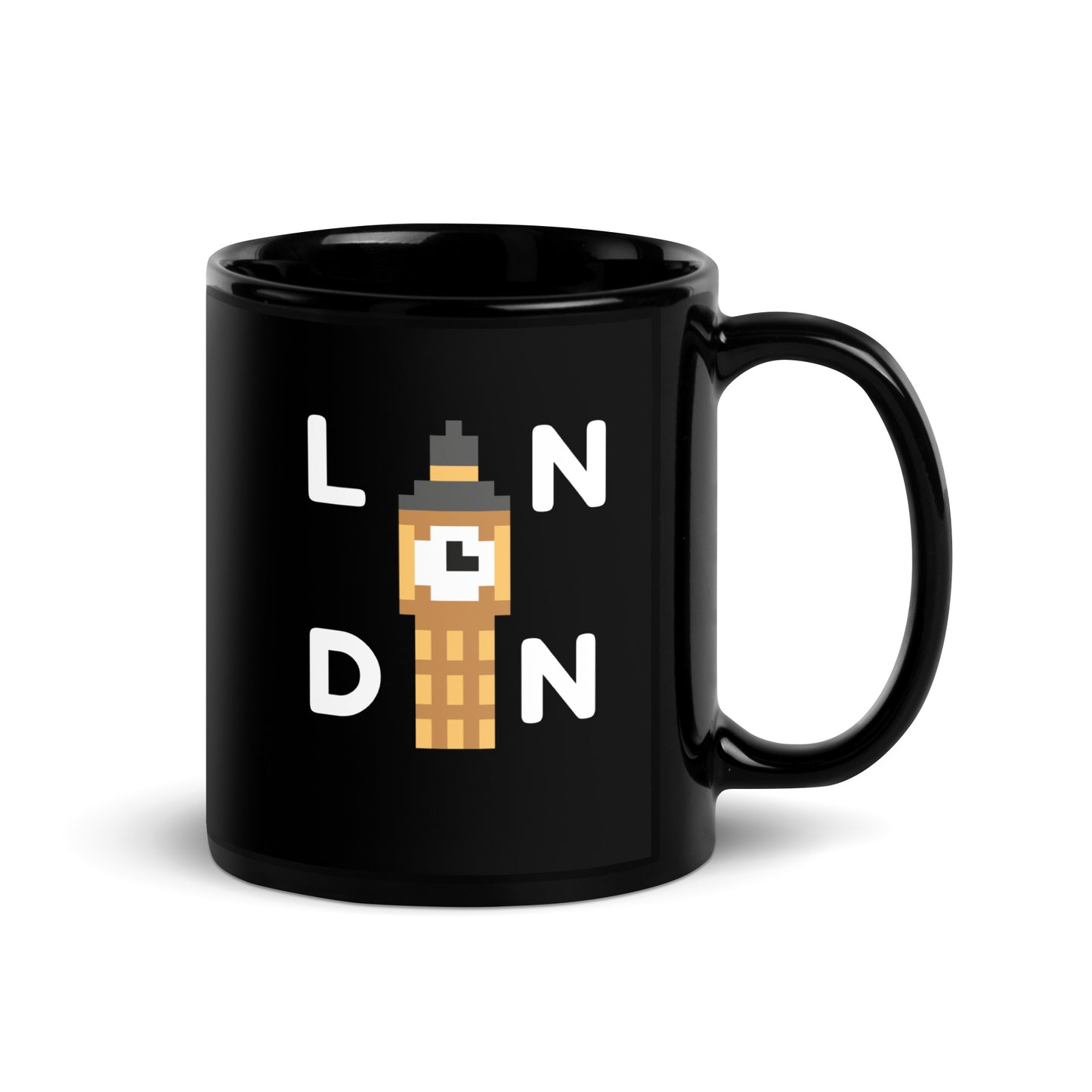 LDN Westminster Big Ben mug – black glossy coffee cup with pixel art London design