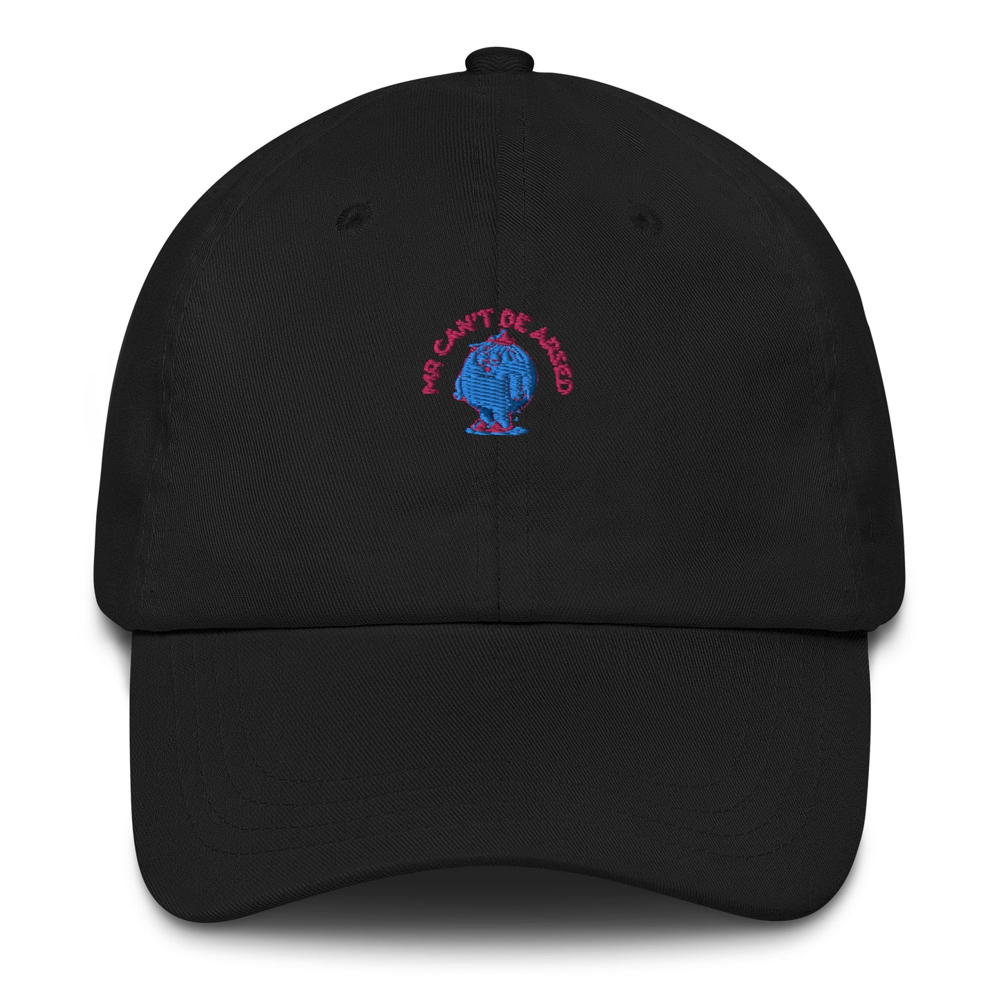 Black "Mr. Can't Be Arsed" dad hat with funny embroidered blue character and red text