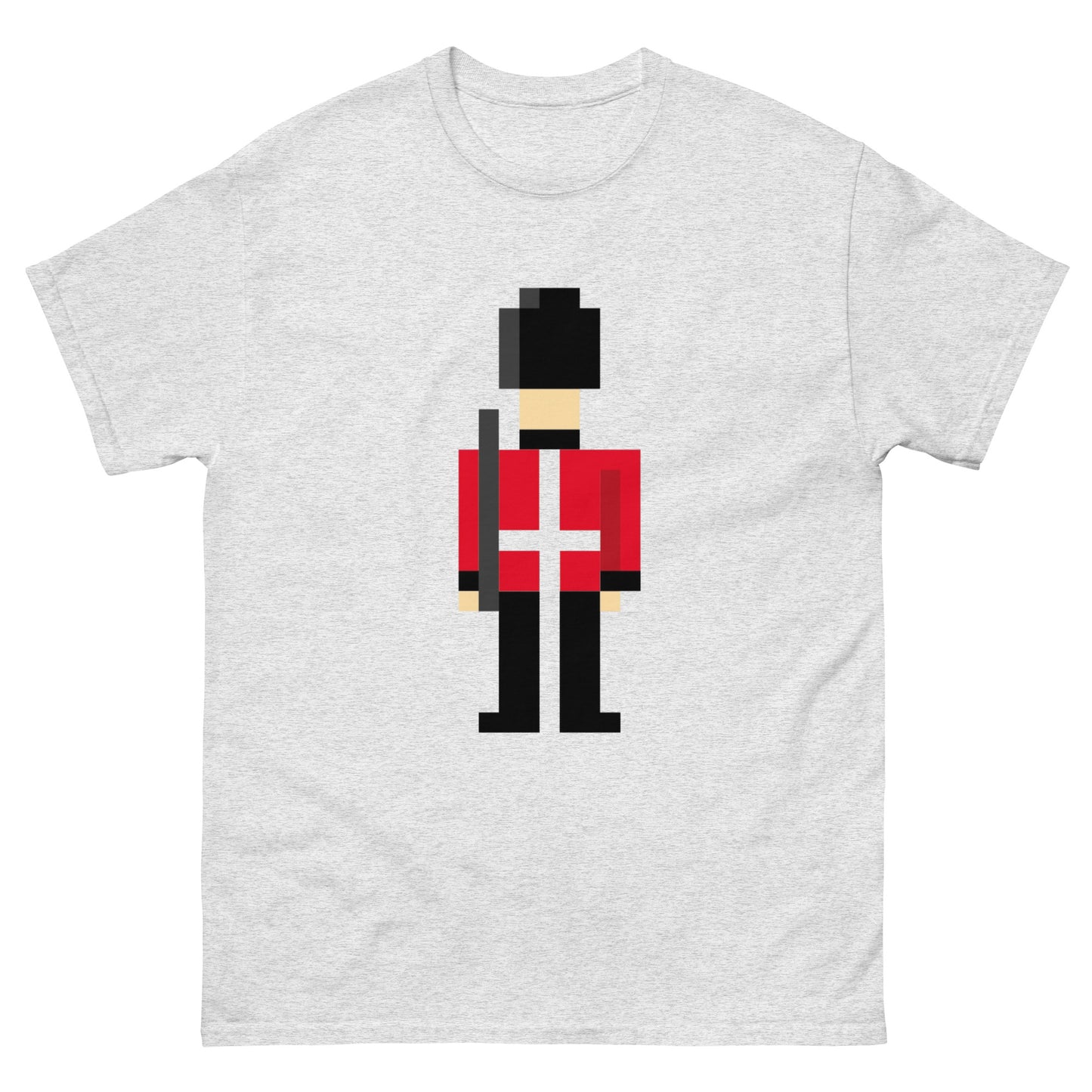 Pixelated British Royal guard in traditional Uniform of red, black and white cross