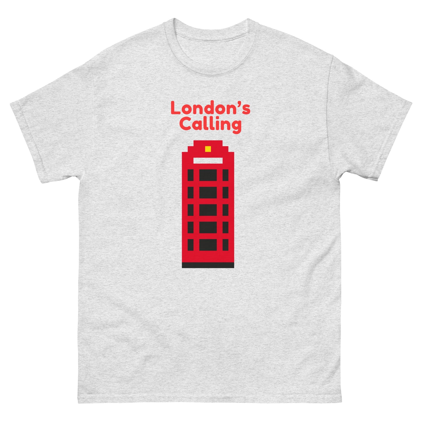 Ash grey classic men’s t-shirt featuring pixel art red telephone box and "London’s Calling" text