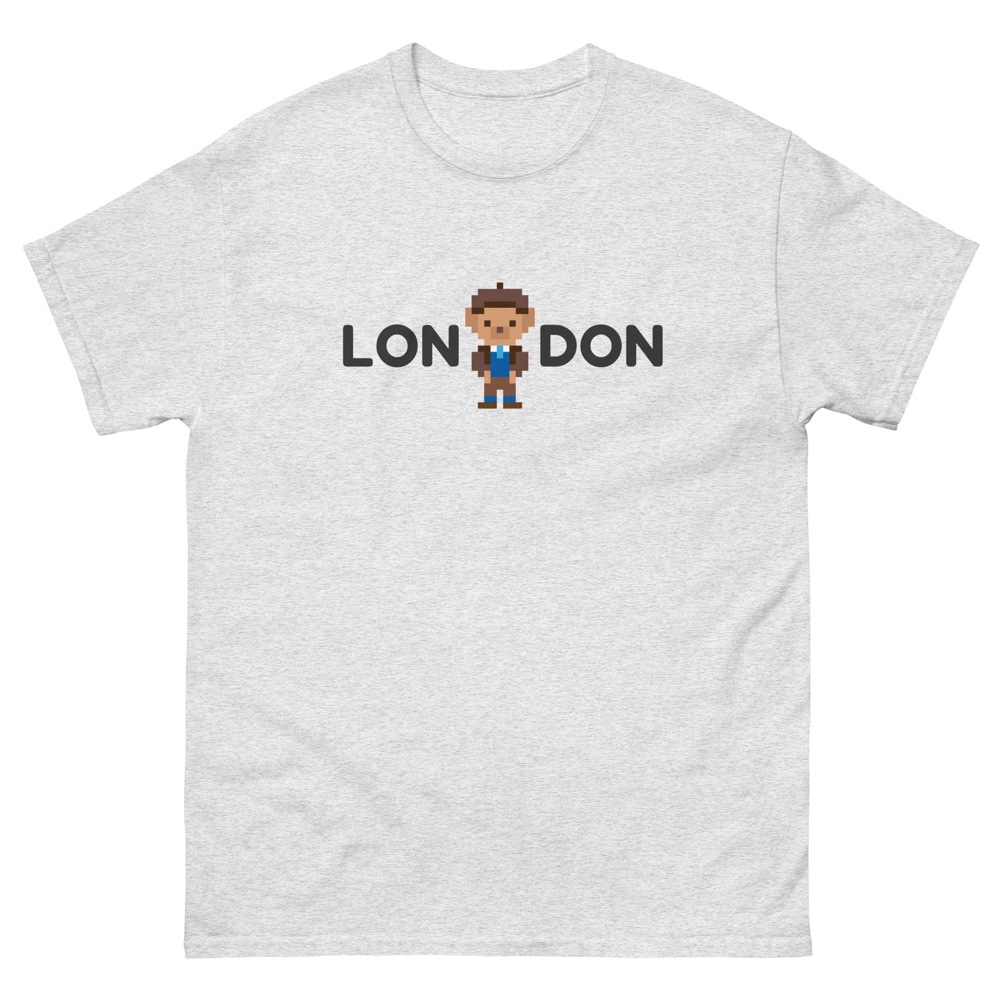 A stylish classic t-shirt featuring a smart teddy bear integrated within the word “London.” Perfect for UK tourists, London lovers, and British culture fans. A great souvenir or gift for travelers, teddy bear collectors, and city explorers.