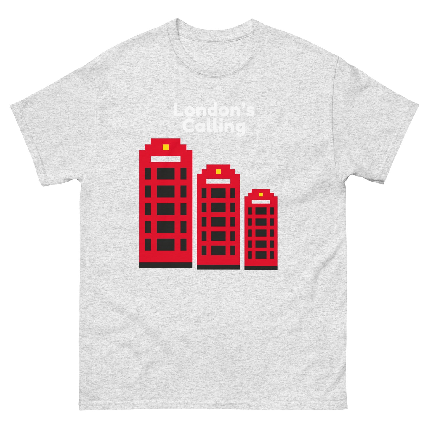 A stylish pixelated design t-shirt featuring London’s iconic red telephone boxes with the phrase “London’s Calling.” Perfect for UK tourists, British culture enthusiasts, and lovers of retro city aesthetics. A great London souvenir or gift for travelers.