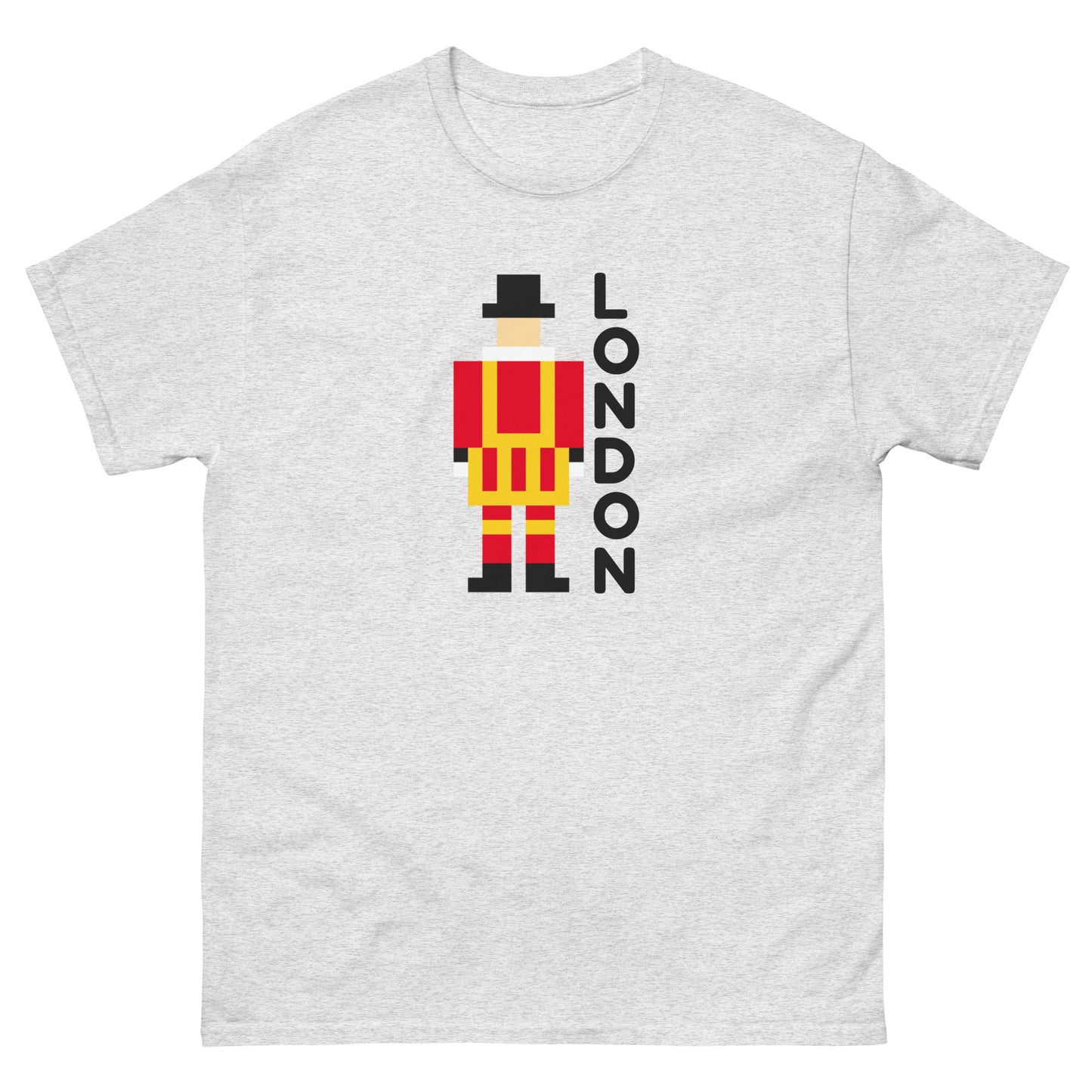A unique pixel art t-shirt featuring the iconic London Beefeater, a symbol of the Tower of London’s Royal Guard. Perfect for UK tourists, British history enthusiasts, and London souvenir collectors. A great travel gift for fans of British heritage.