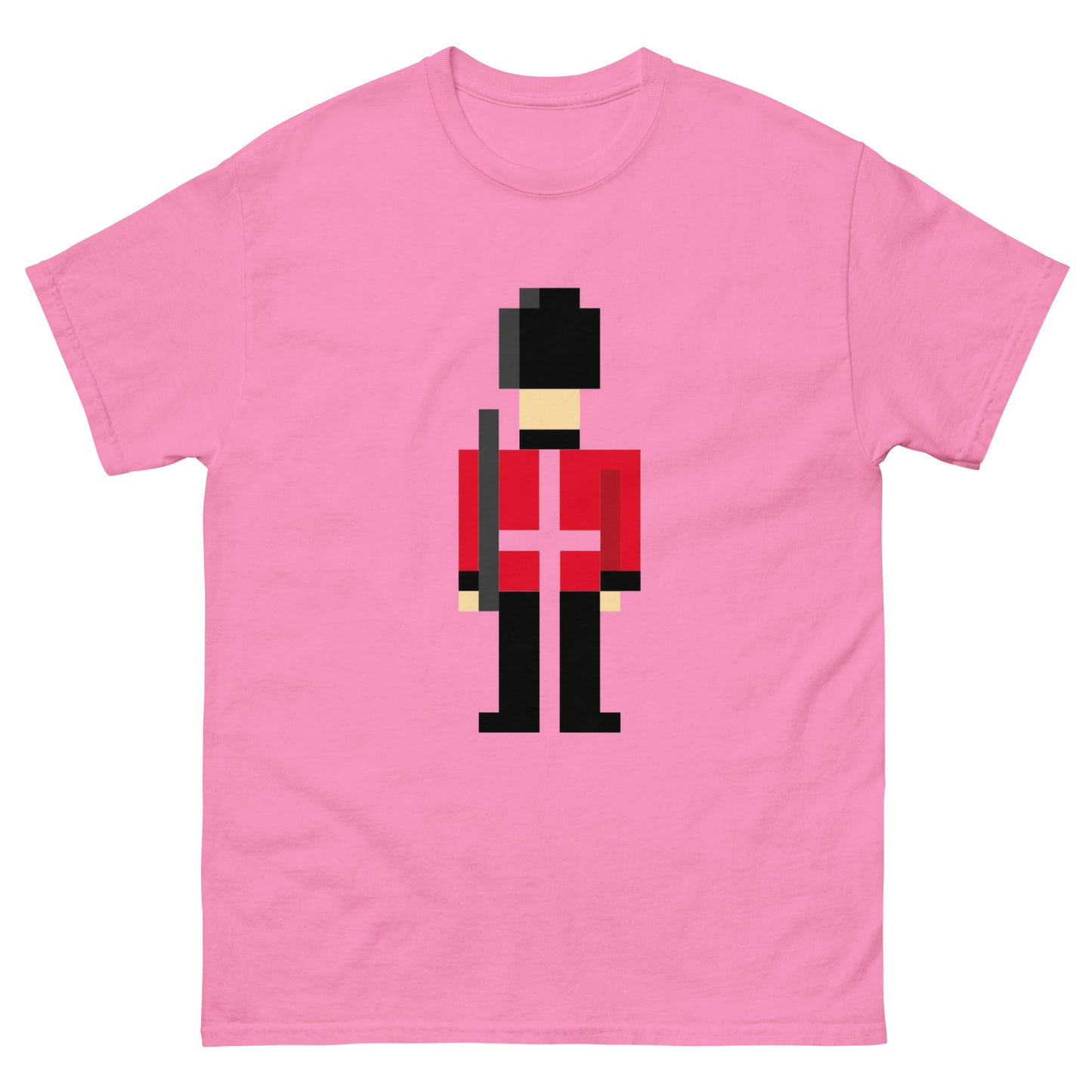 Pixelated British Royal guard in traditional Uniform of red, black and white cross