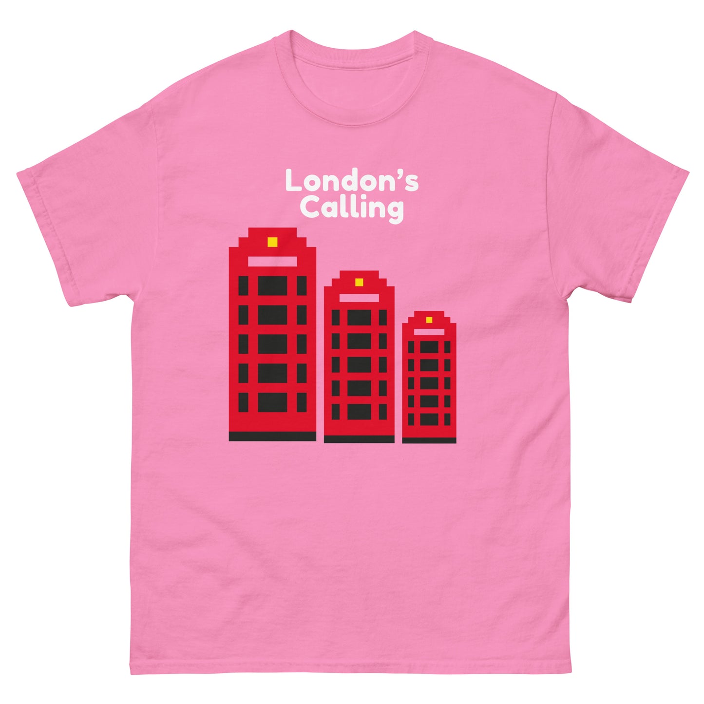 A stylish pixelated design t-shirt featuring London’s iconic red telephone boxes with the phrase “London’s Calling.” Perfect for UK tourists, British culture enthusiasts, and lovers of retro city aesthetics. A great London souvenir or gift for travelers.