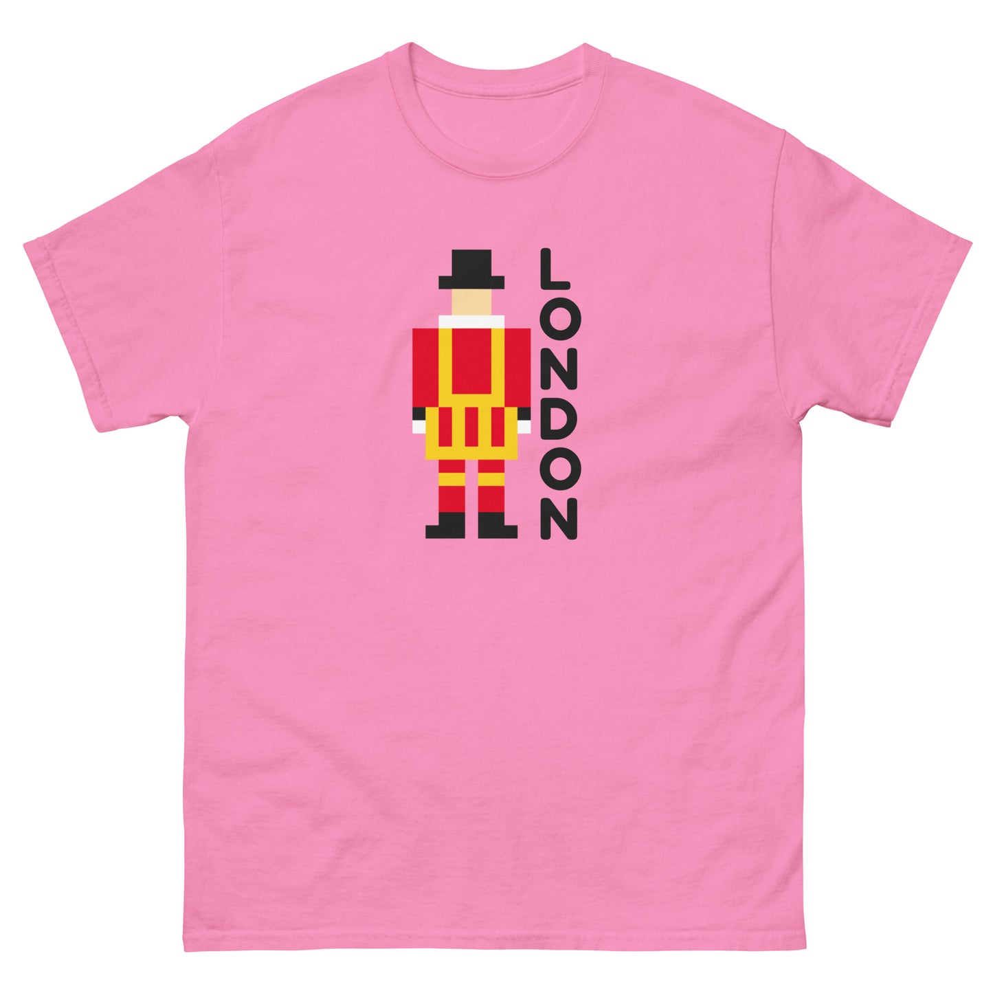 A unique pixel art t-shirt featuring the iconic London Beefeater, a symbol of the Tower of London’s Royal Guard. Perfect for UK tourists, British history enthusiasts, and London souvenir collectors. A great travel gift for fans of British heritage.