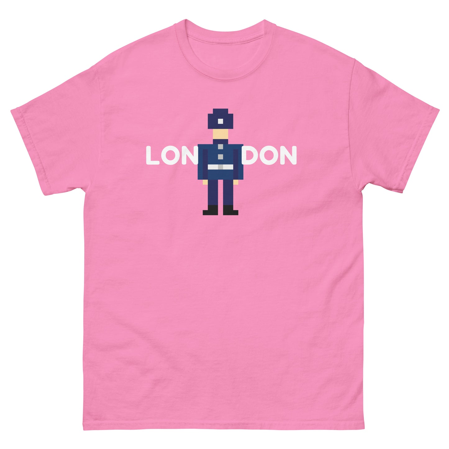London in white text split in the middle with a retro pixelated police officer