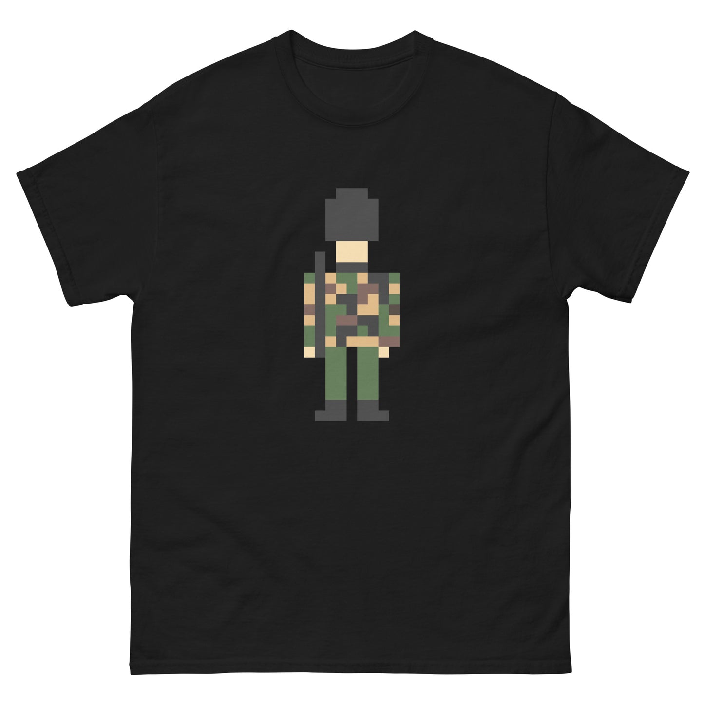 Pixel Art Military Soldier T-Shirt – Retro Camouflage Army Graphic Tee Black t-shirt