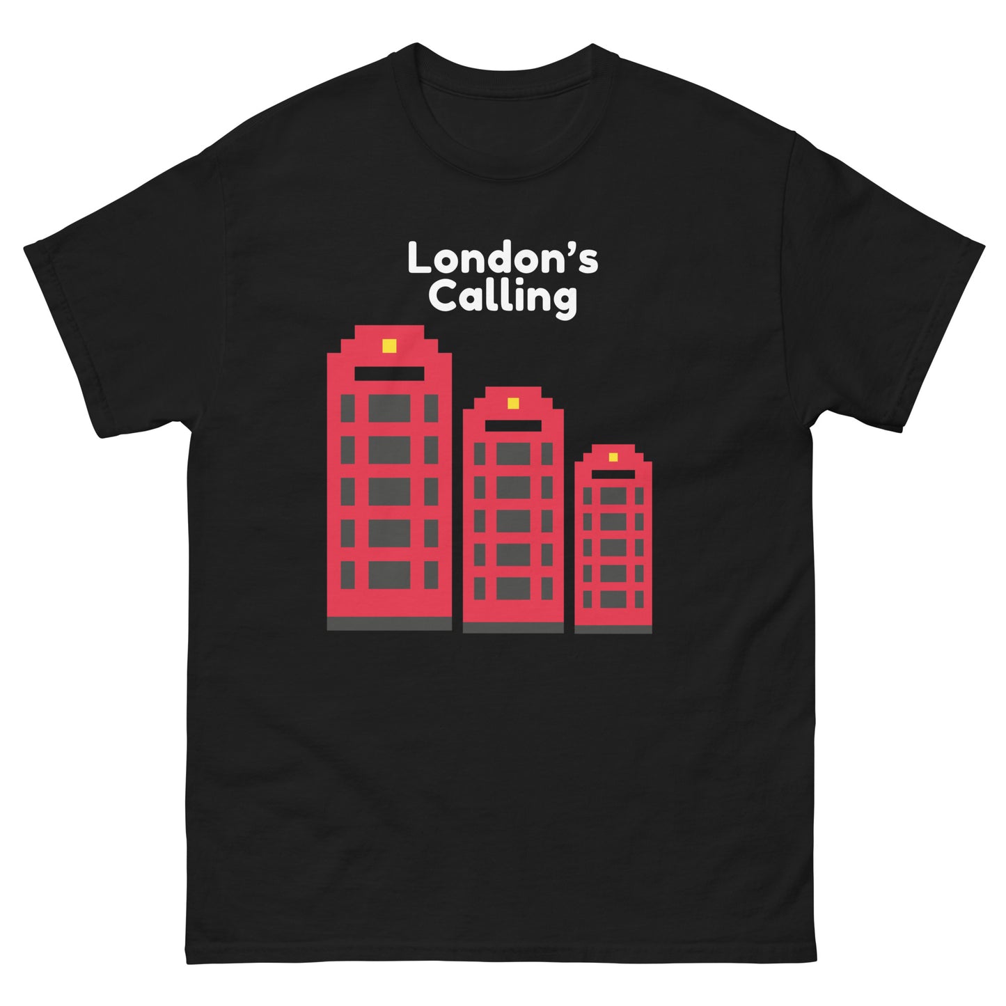 A stylish pixelated design t-shirt featuring London’s iconic red telephone boxes with the phrase “London’s Calling.” Perfect for UK tourists, British culture enthusiasts, and lovers of retro city aesthetics. A great London souvenir or gift for travelers.