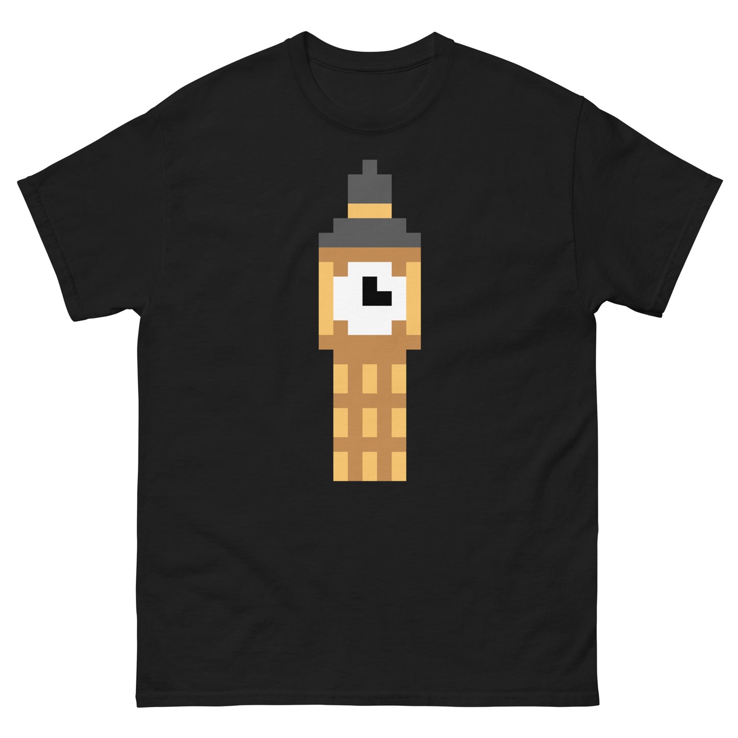 Pixel art design of Big Ben clock tower on a sport grey background, London-themed graphic ideal for tourists, UK fans, or travel lovers