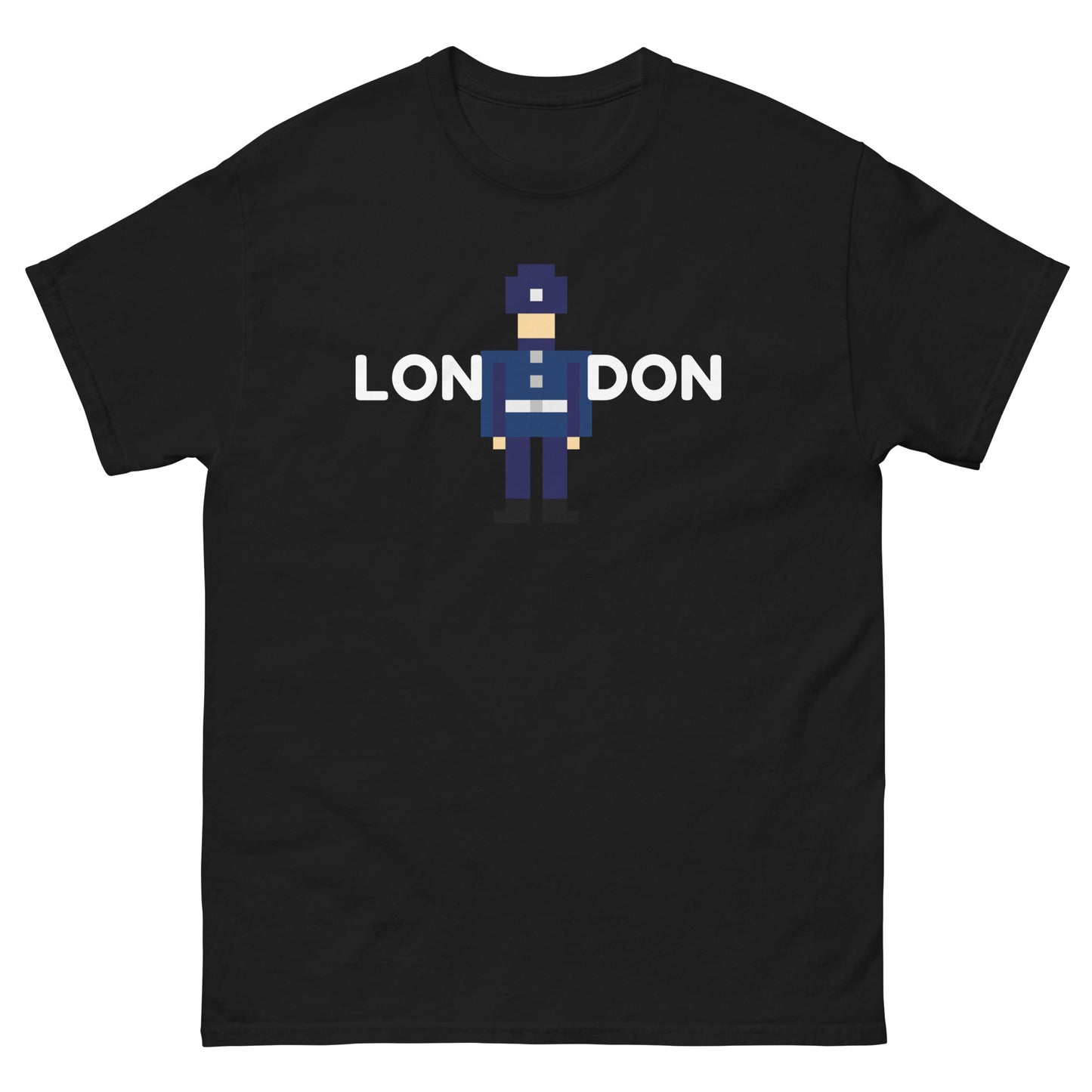 London in white text split in the middle with a retro pixelated police officer