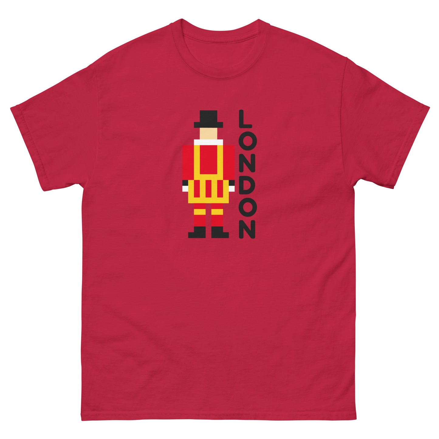 A unique pixel art t-shirt featuring the iconic London Beefeater, a symbol of the Tower of London’s Royal Guard. Perfect for UK tourists, British history enthusiasts, and London souvenir collectors. A great travel gift for fans of British heritage.