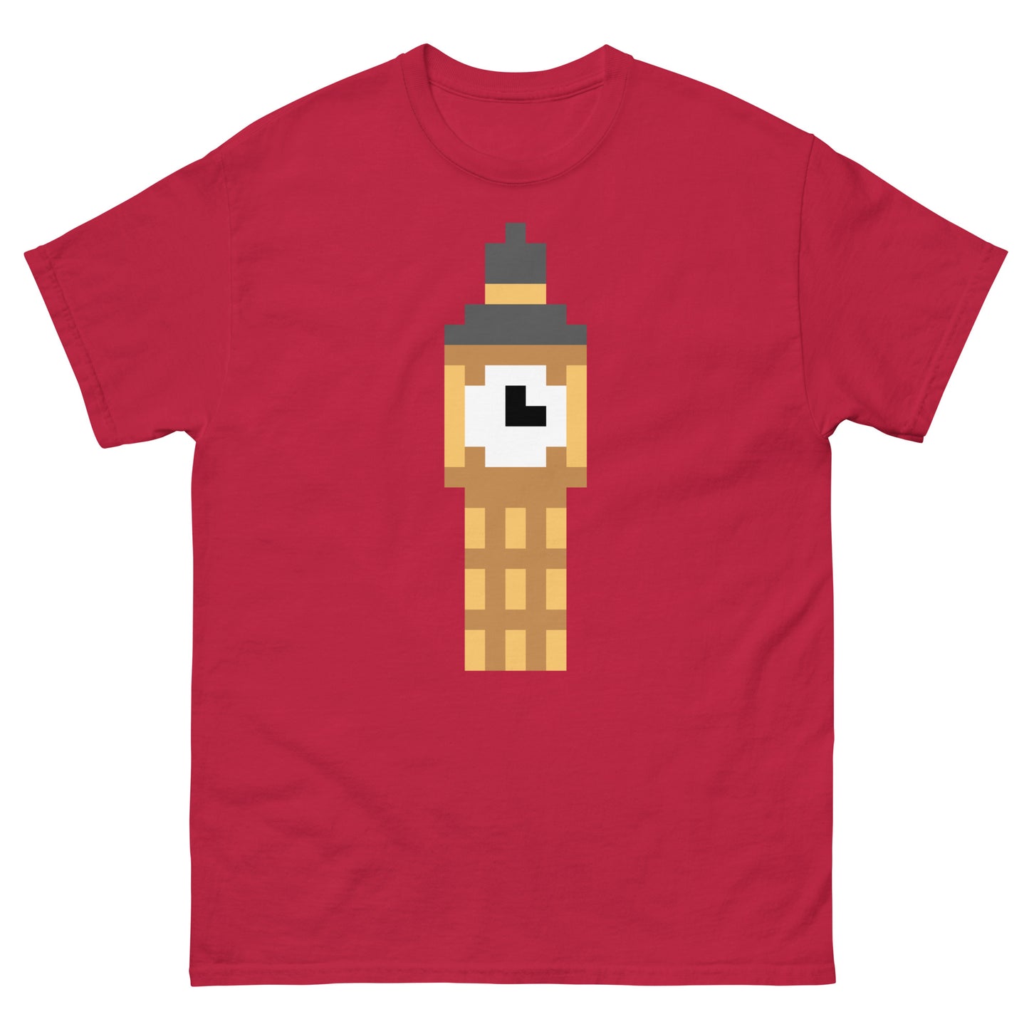 Pixel art design of Big Ben clock tower on a sport grey background, London-themed graphic ideal for tourists, UK fans, or travel lovers
