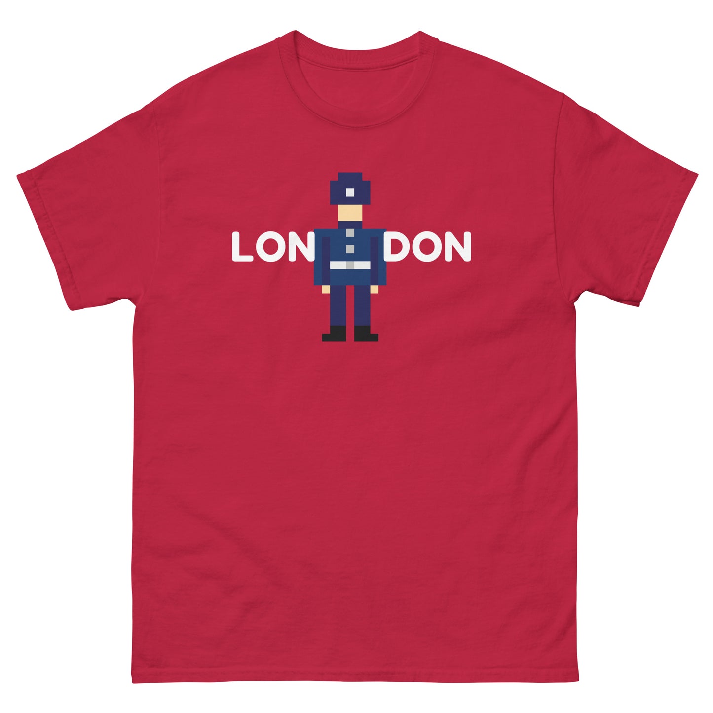London in white text split in the middle with a retro pixelated police officer