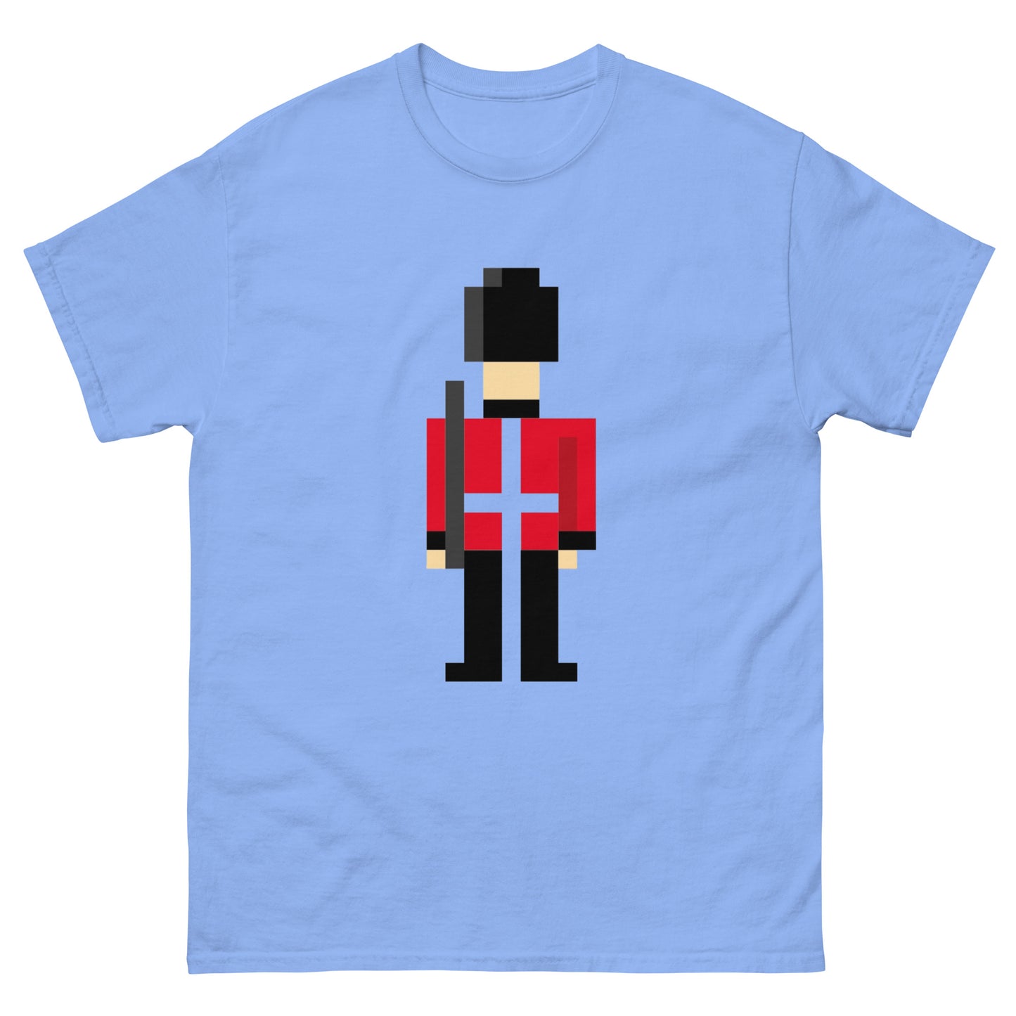 Pixelated British Royal guard in traditional Uniform of red, black and white cross