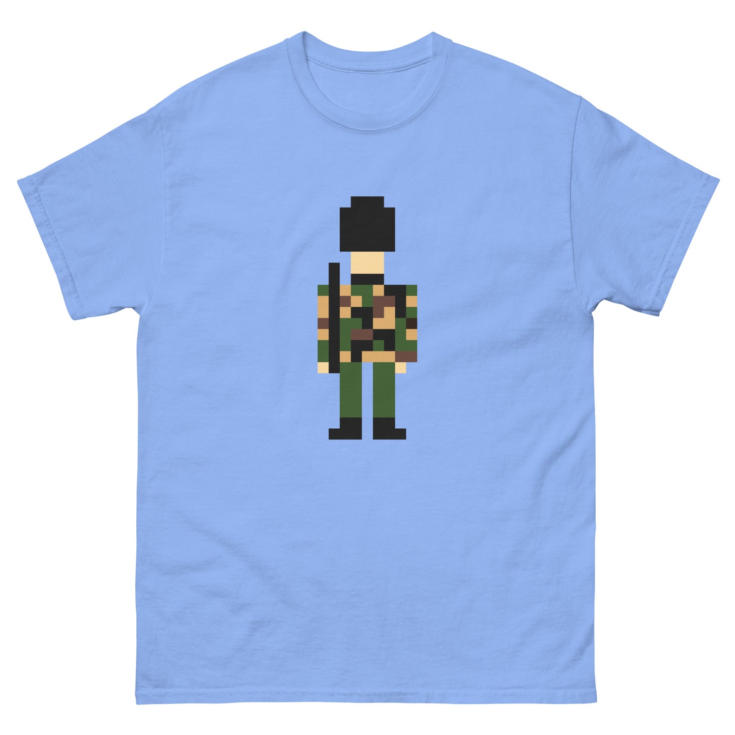 Pixel Art Military Soldier T-Shirt – Retro Camouflage Army Graphic Tee Carolina Blue t-shirt