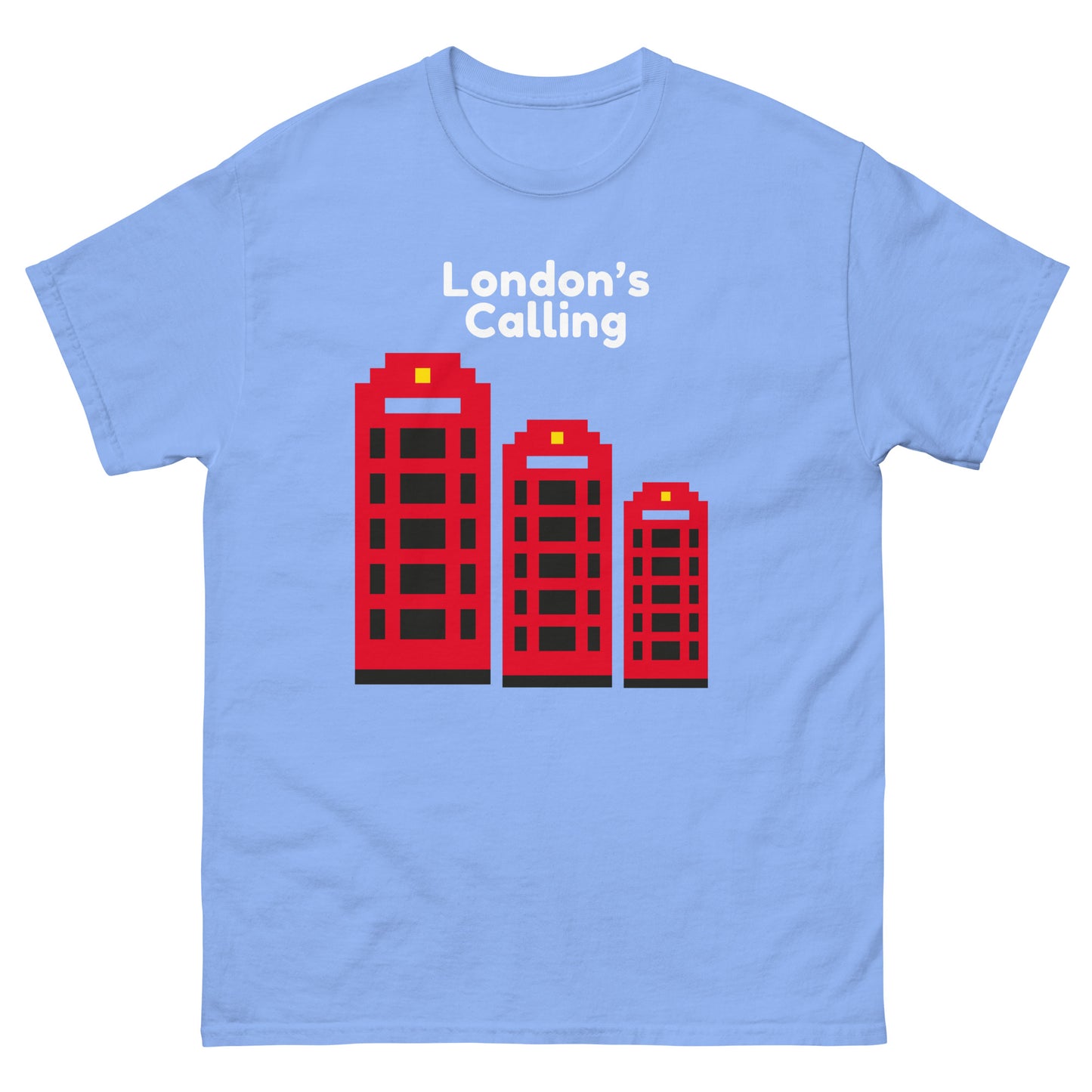 A stylish pixelated design t-shirt featuring London’s iconic red telephone boxes with the phrase “London’s Calling.” Perfect for UK tourists, British culture enthusiasts, and lovers of retro city aesthetics. A great London souvenir or gift for travelers.