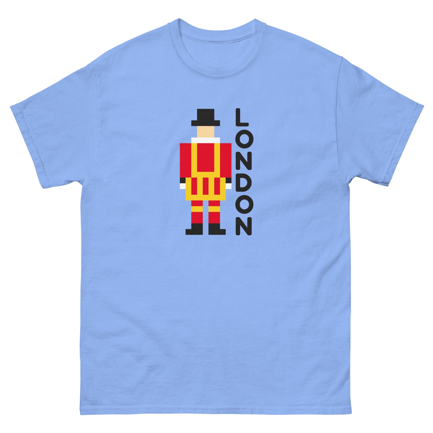 A unique pixel art t-shirt featuring the iconic London Beefeater, a symbol of the Tower of London’s Royal Guard. Perfect for UK tourists, British history enthusiasts, and London souvenir collectors. A great travel gift for fans of British heritage.
