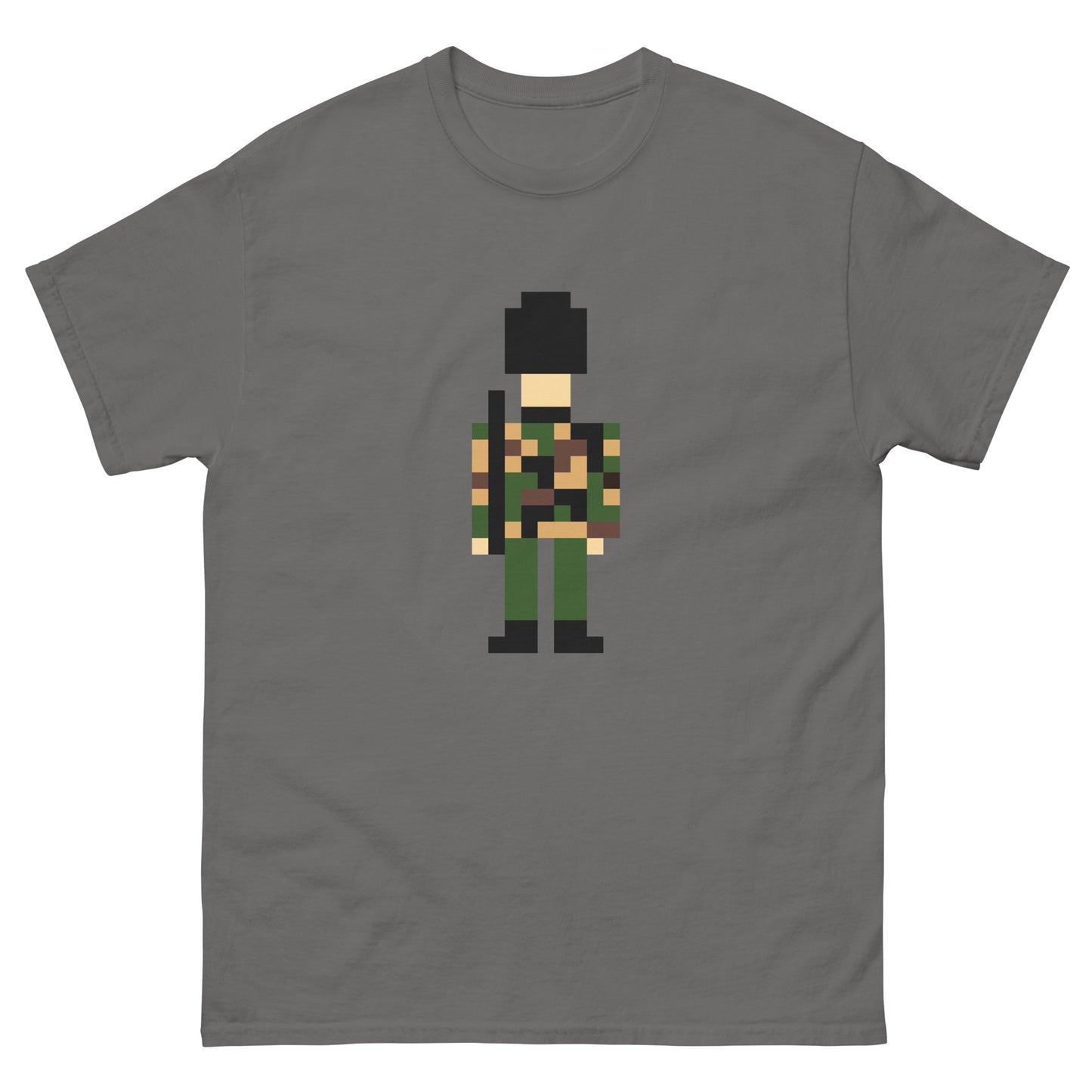 Pixel Art Military Soldier T-Shirt – Retro Camouflage Army Graphic Tee Charcoal t-shirt