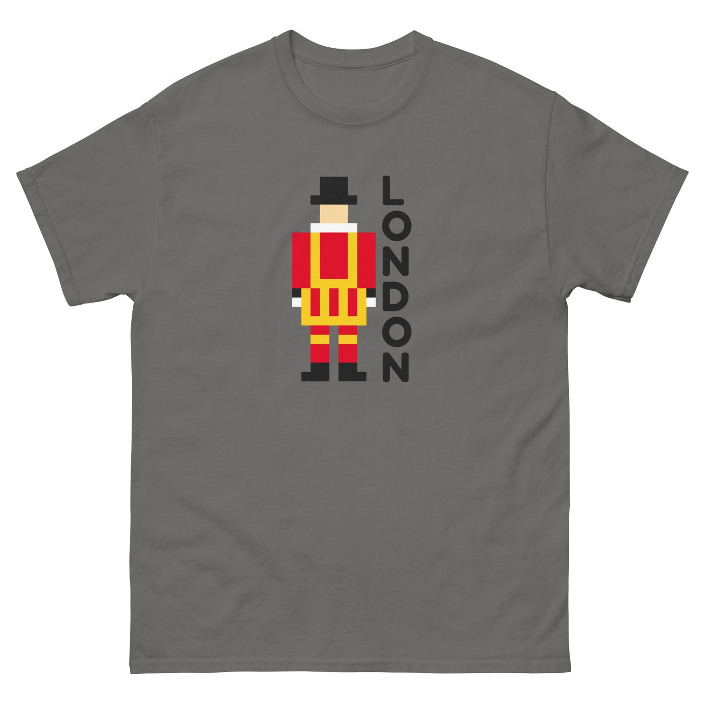 A unique pixel art t-shirt featuring the iconic London Beefeater, a symbol of the Tower of London’s Royal Guard. Perfect for UK tourists, British history enthusiasts, and London souvenir collectors. A great travel gift for fans of British heritage.