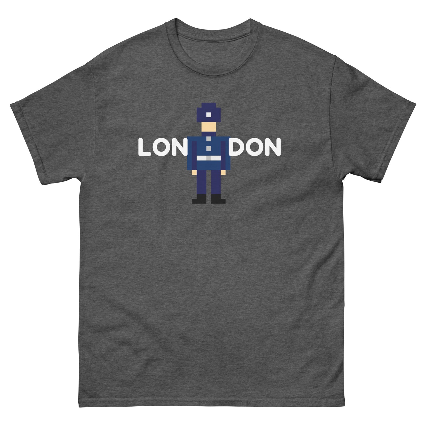 London in white text split in the middle with a retro pixelated police officer