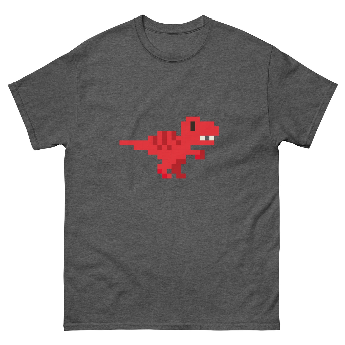 Red Pixel Dinosaur T-Shirt – Retro 8-Bit Prehistoric Gaming Graphic Tee Dark Heather t-shirt