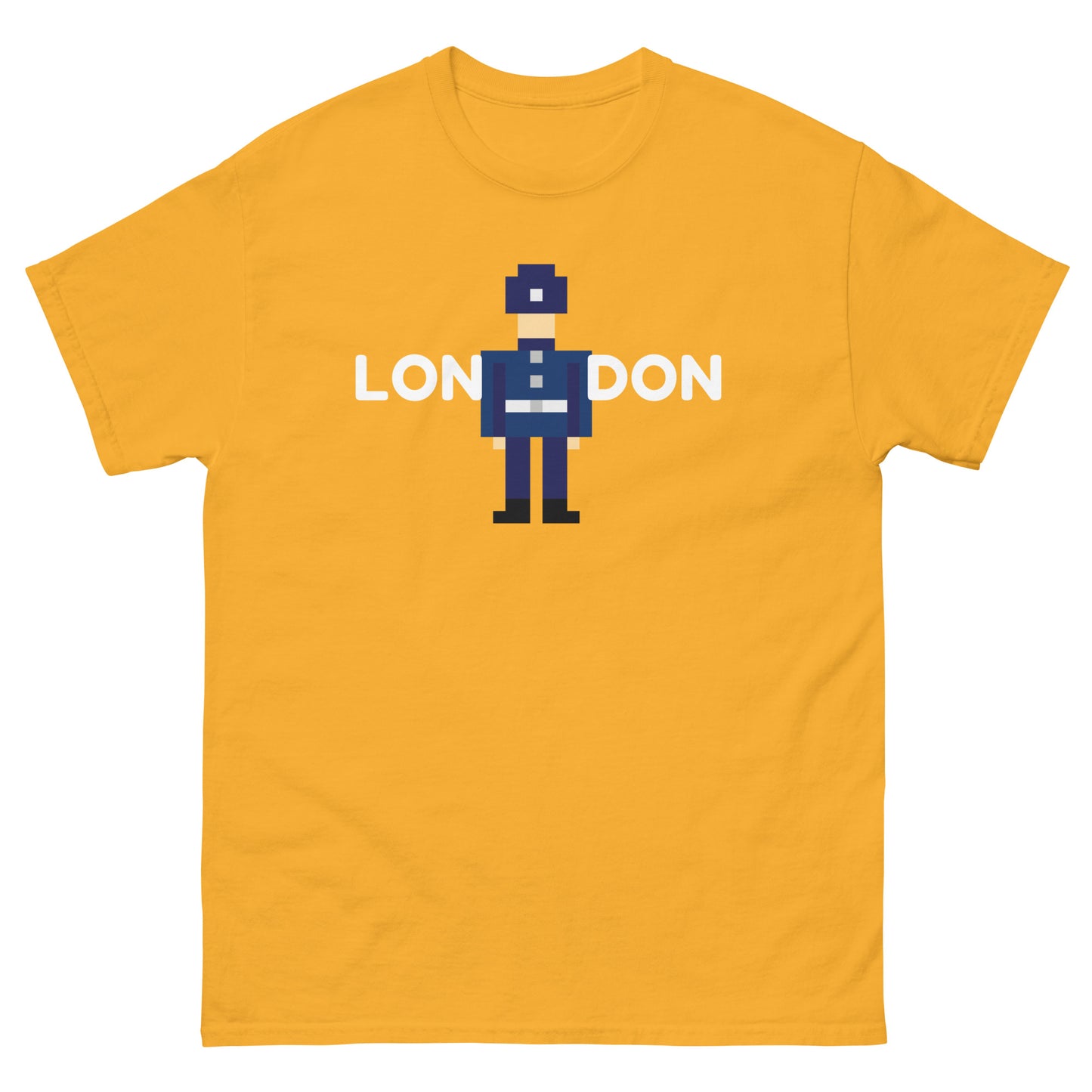 London in white text split in the middle with a retro pixelated police officer