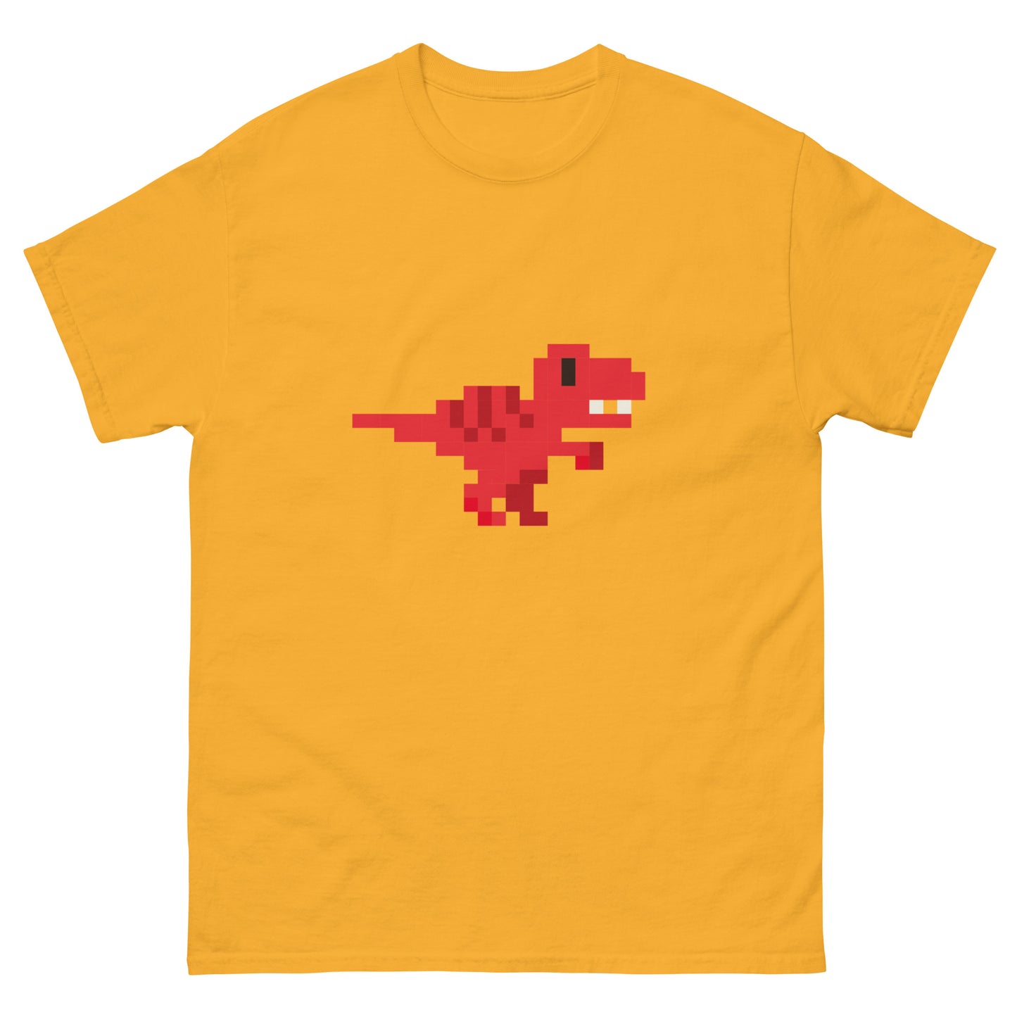 Red Pixel Dinosaur T-Shirt – Retro 8-Bit Prehistoric Gaming Graphic Tee Gold t-shirt