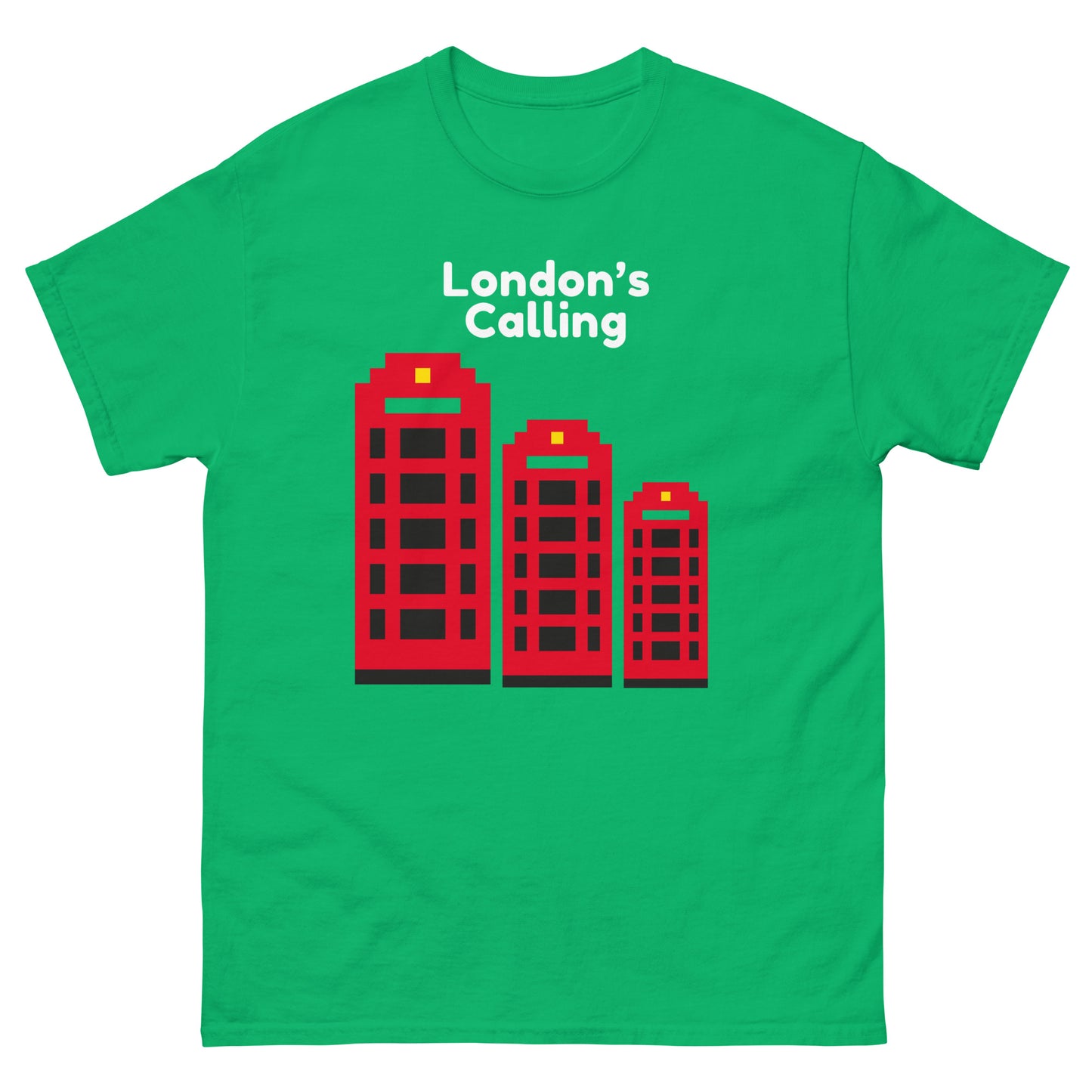 A stylish pixelated design t-shirt featuring London’s iconic red telephone boxes with the phrase “London’s Calling.” Perfect for UK tourists, British culture enthusiasts, and lovers of retro city aesthetics. A great London souvenir or gift for travelers.