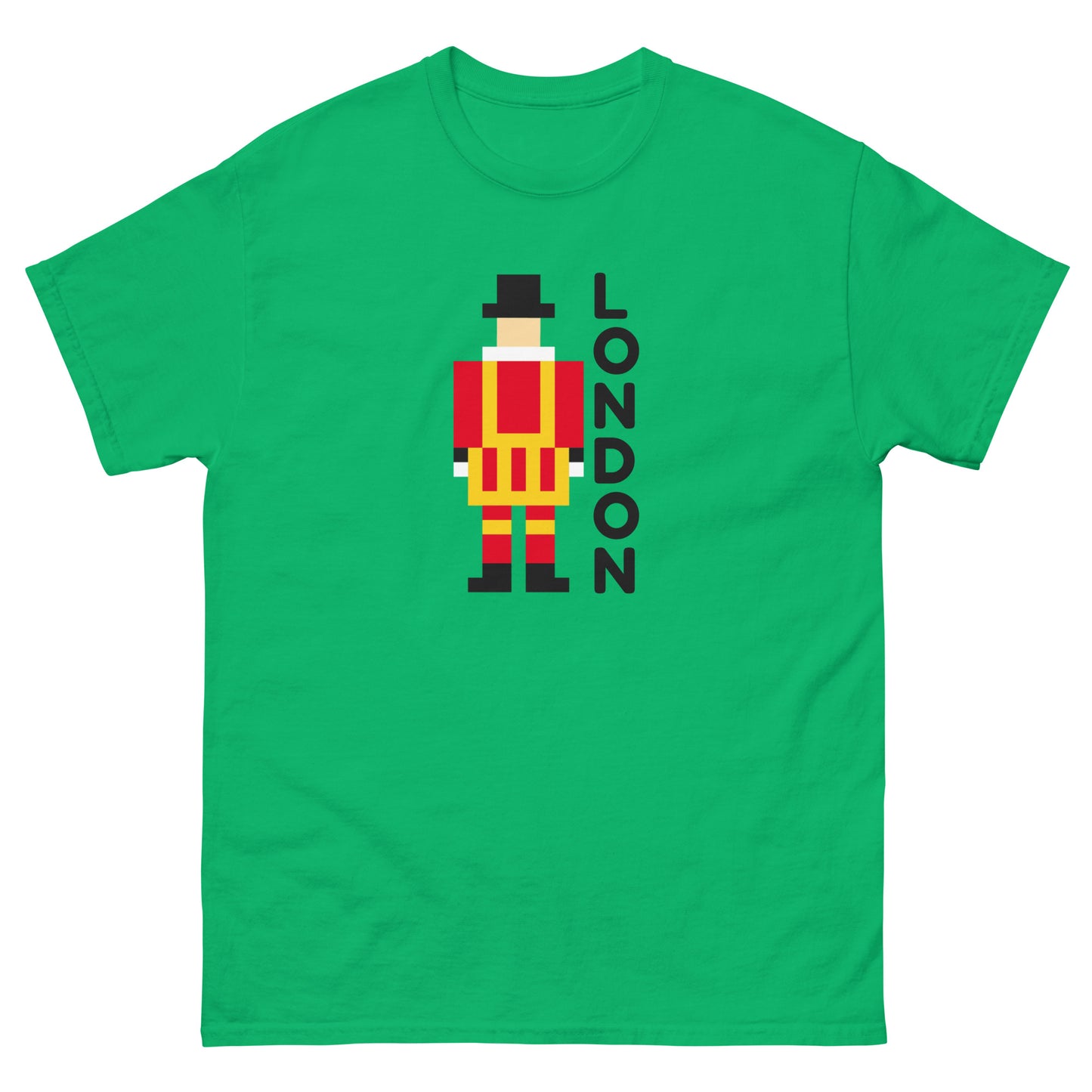 A unique pixel art t-shirt featuring the iconic London Beefeater, a symbol of the Tower of London’s Royal Guard. Perfect for UK tourists, British history enthusiasts, and London souvenir collectors. A great travel gift for fans of British heritage.