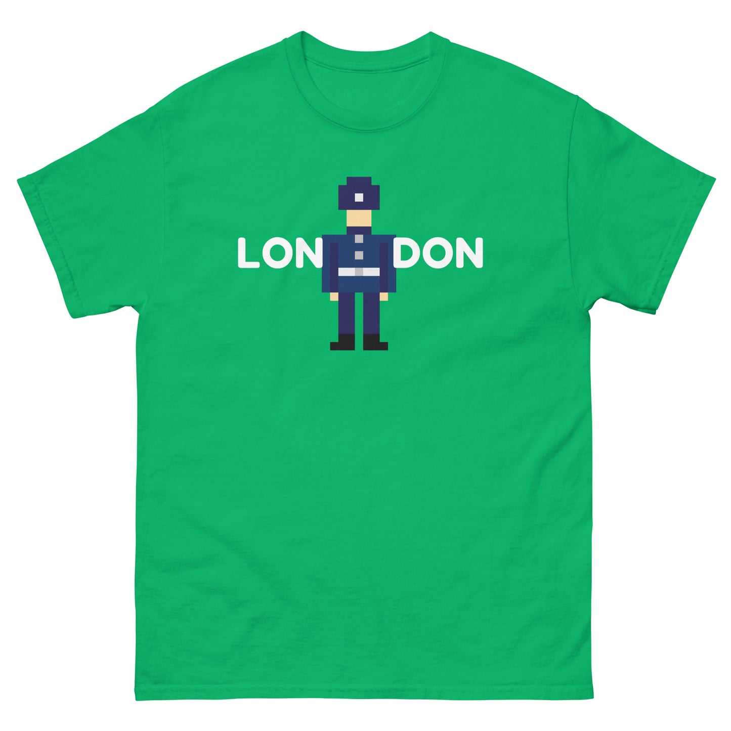 London in white text split in the middle with a retro pixelated police officer