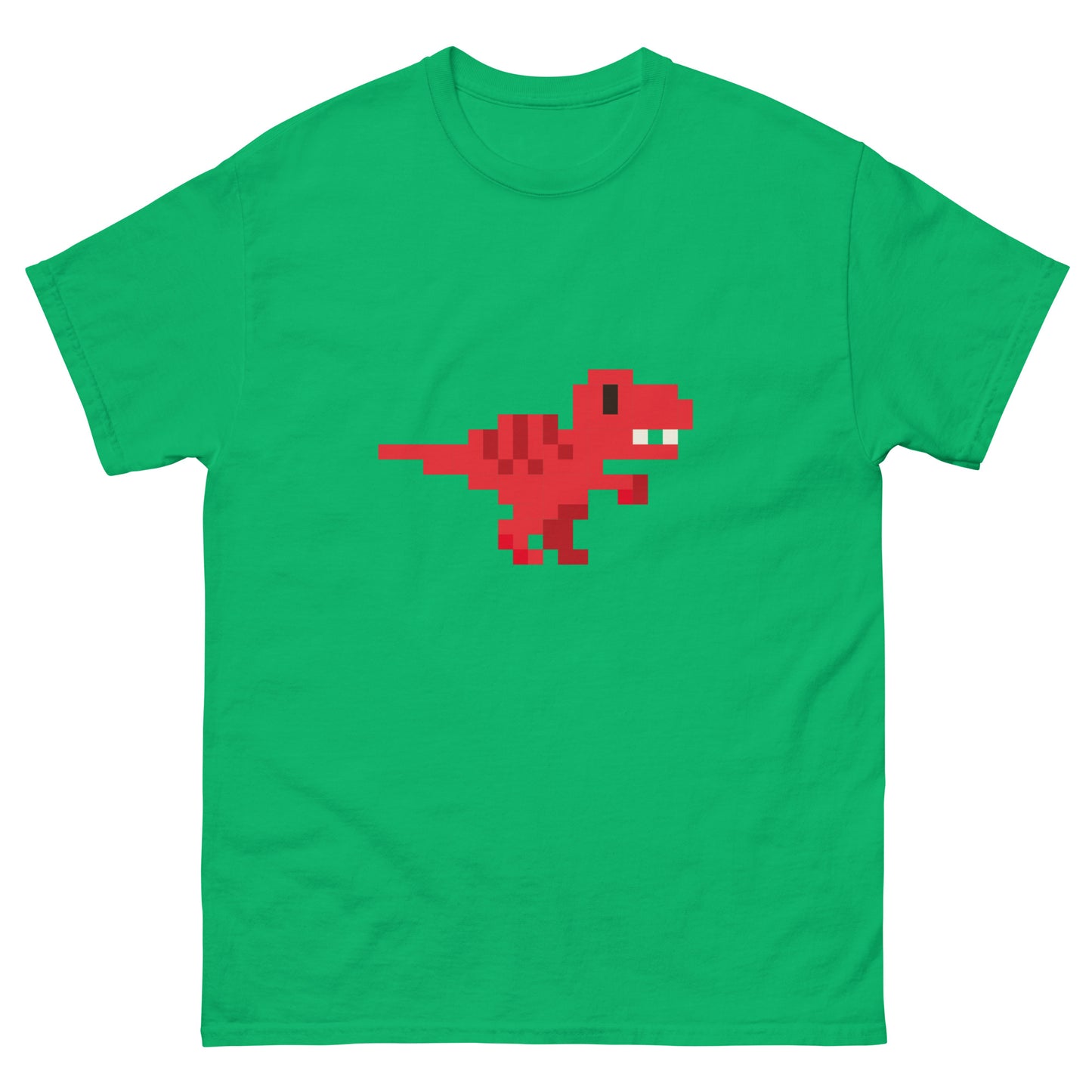 Red Pixel Dinosaur T-Shirt – Retro 8-Bit Prehistoric Gaming Graphic Tee Irish Green t-shirt