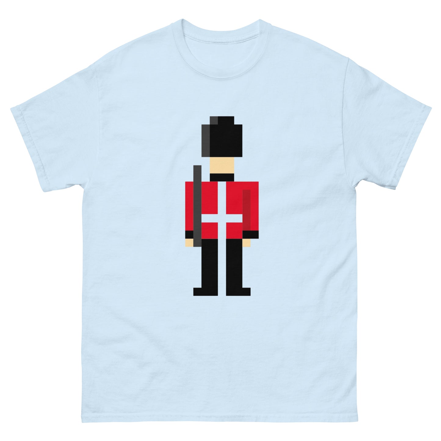 Pixelated British Royal guard in traditional Uniform of red, black and white cross